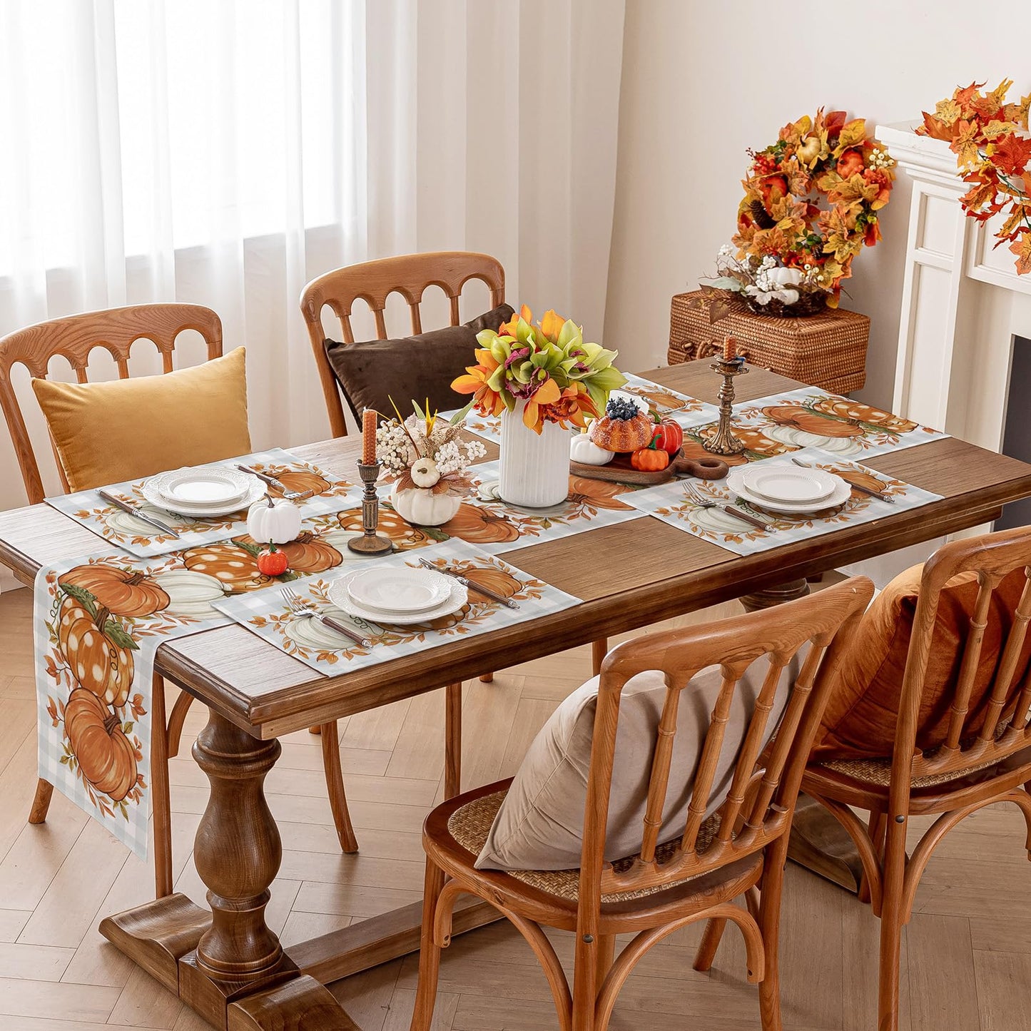 Pumpkin Leaves Fall Table Runner, Buffalo Plaid Autumn Thanksgiving Harvest Farmhouse Style Table Decoration for Dining, Party, Holiday - 13x72 Inch, Grey Blue