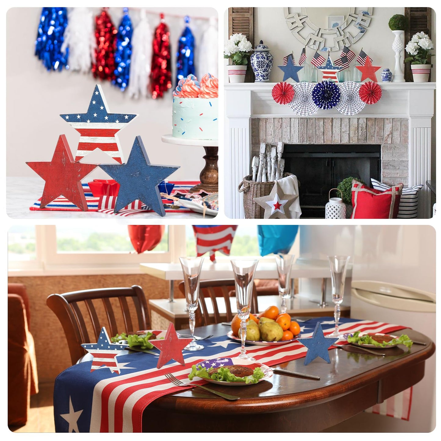 3 Pcs 4th of July Wooden Star Signs,Rustic Memorial Day Tiered Tray Decor, American Patriotic Table Decoration for Home Kitchen (Retro)