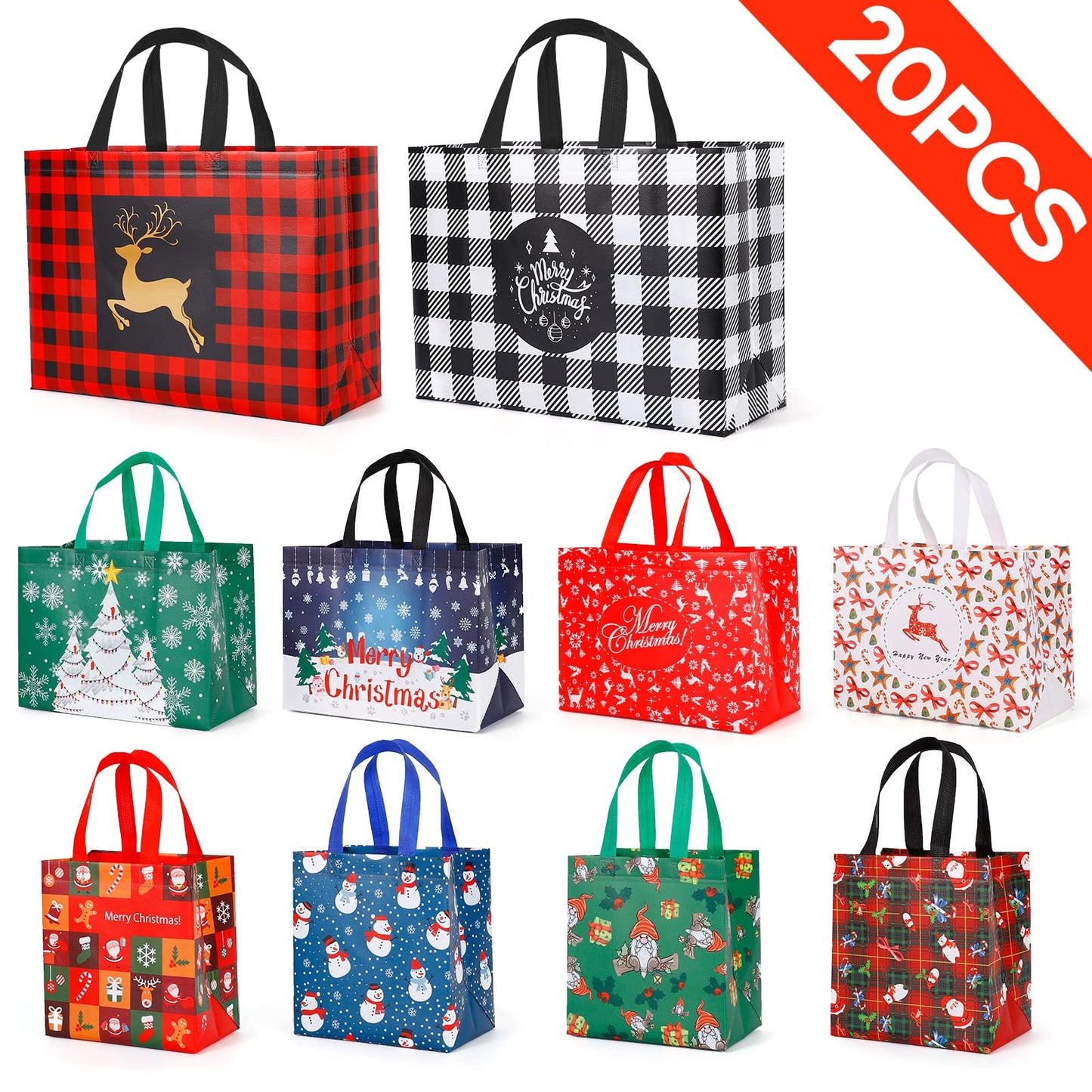 20 Pack Christmas Gift Bags Assorted Sizes, Reusable Tote Bags with Handle, Includes 4 Large 8 Medium 8 Small Non-Woven Christmas Bags for Xmas Party Favors
