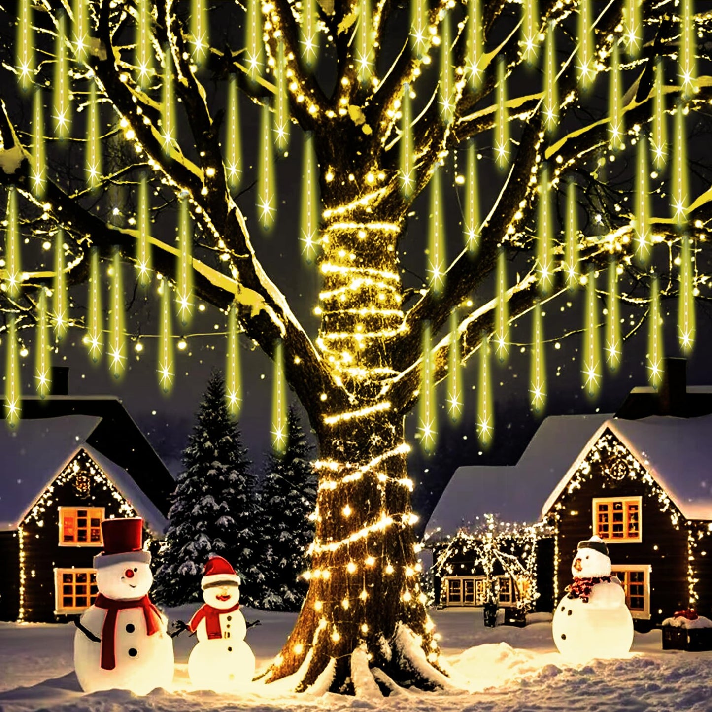 Weepong Christmas Lights Outdoor Falling Rain Meteor Shower Lights 12 inch 8 Tube 192 LED Snowfall Icicle Cascading String Light for Xmas Tree Christmas Decorations Holiday Garden, UL Plug,Warm White