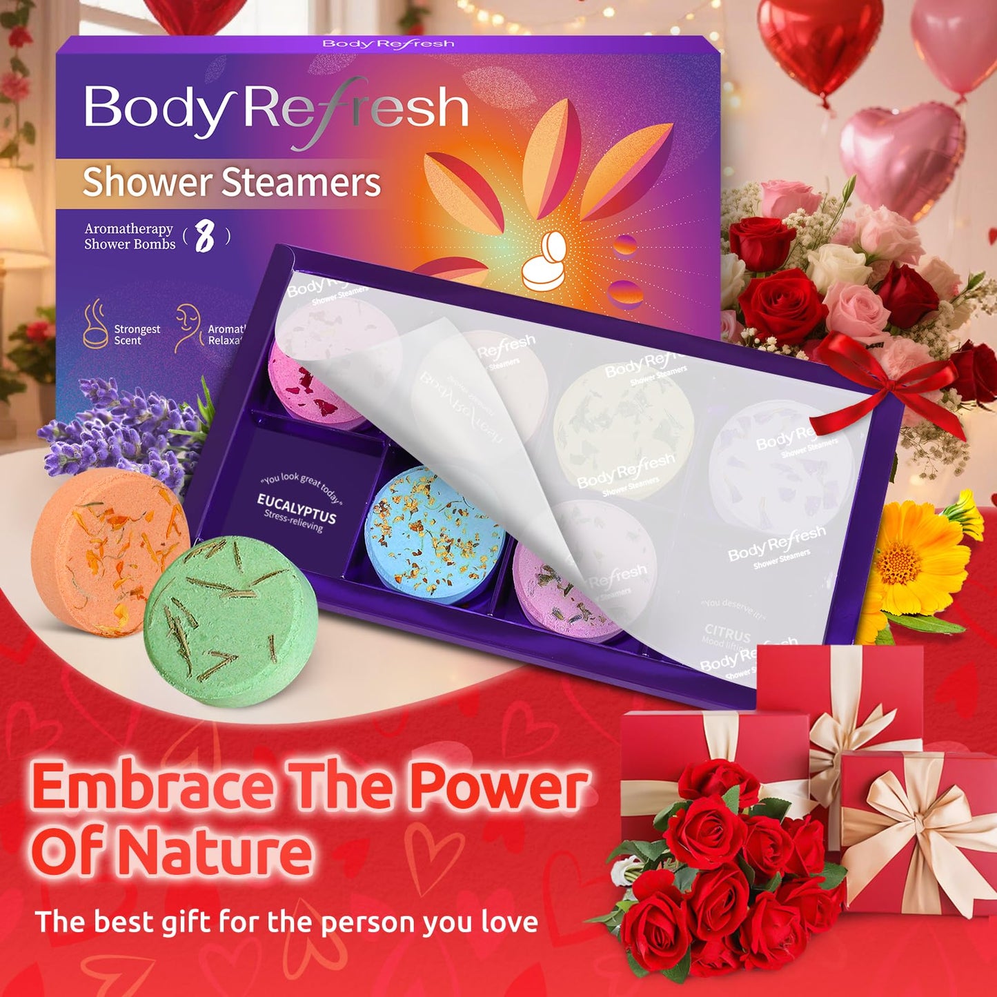 Shower Steamers Aromatherapy - 8 Pack Shower Bombs with Essential Oils, Valentines Day Gifts for Her Women, Birthday Gifts for Women Self Care Relaxation Home SPA Stress Relief Galentines Gift Set