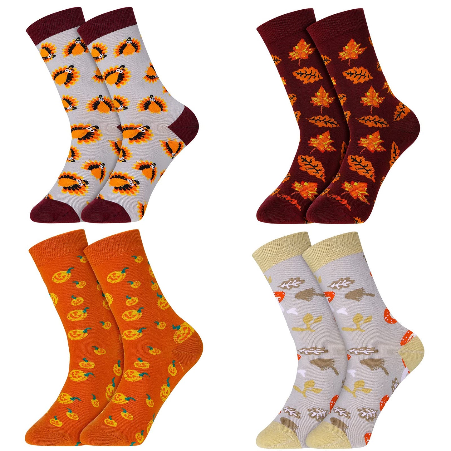 4 Pairs Thanksgiving Autumn Fall Socks Turkey Maple Leaf Pumpkin Mushroom Novelty Crew Socks for Women Men (Classic Warm Color)