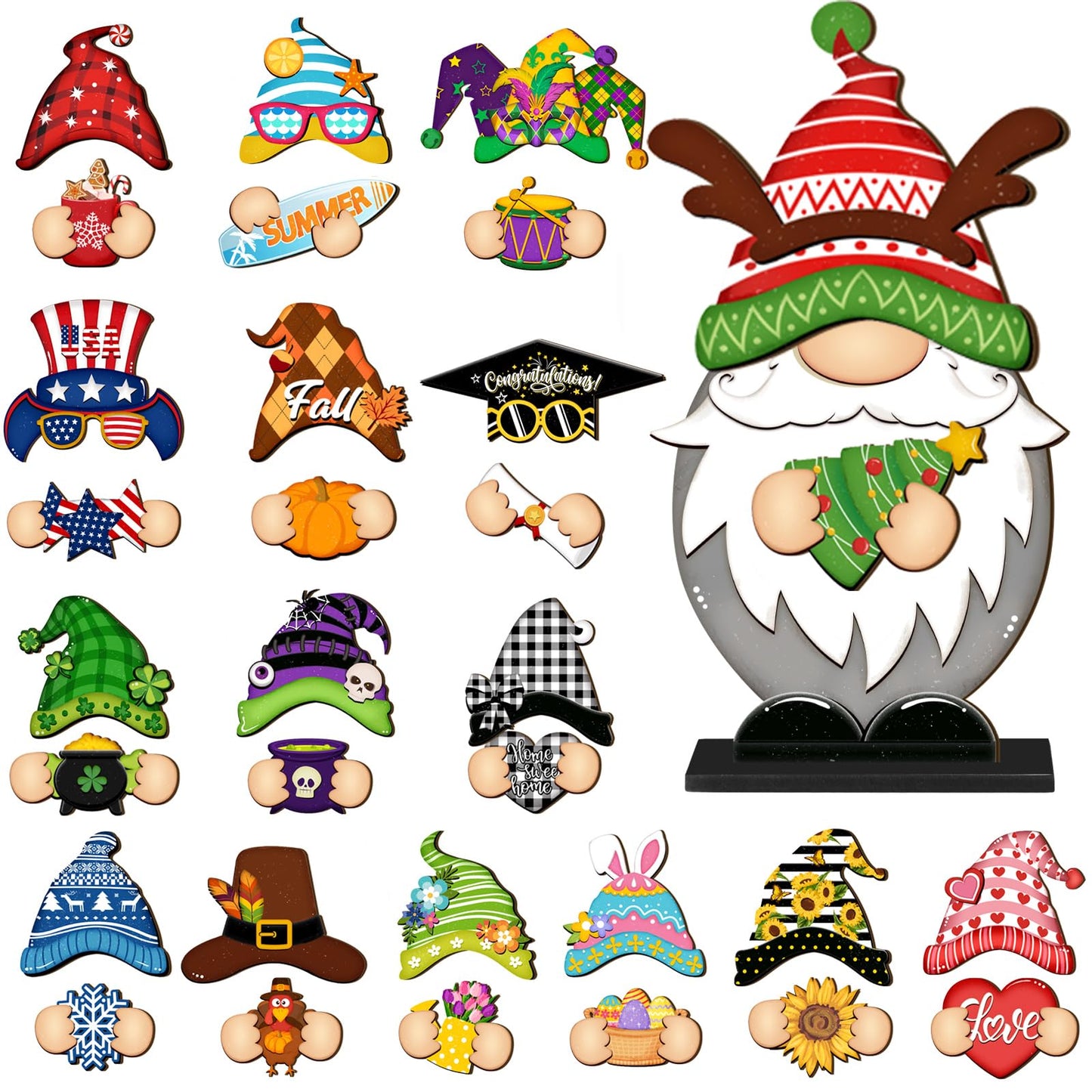 34 Pcs Christmas Interchangeable Wooden Gnome Decor DIY Holiday Christmas Seasonal Tiered Tray Decoration Gnomes with Magnet Pieces Welcome Sign for Xmas Holiday Decorations (Classic)