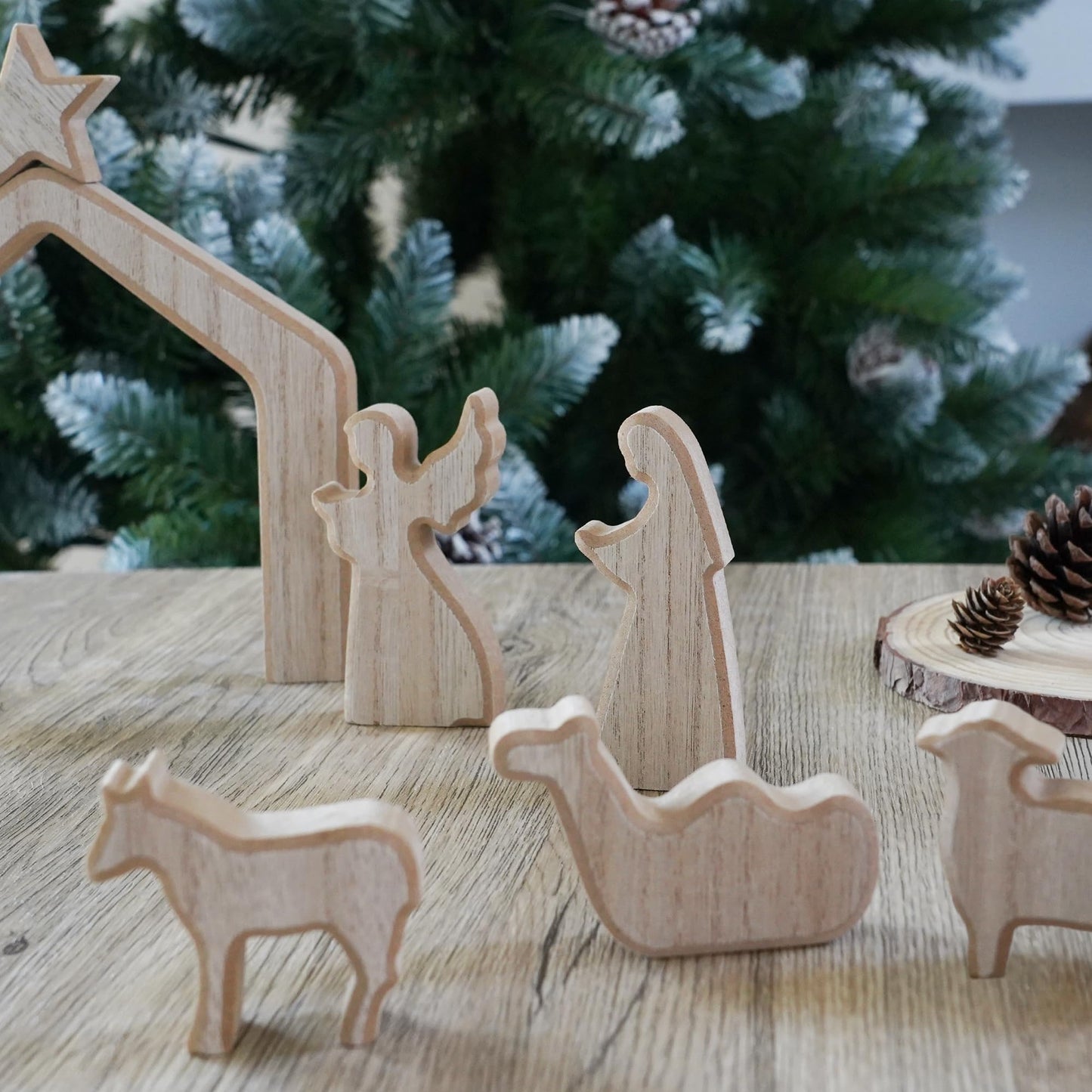 Nativity Scene Set, 13Pcs Wooden Christmas Nativity Scene Miniature Holy Family Figurines, Minimalism Boho Tabletop Christmas Manger Decorations for Indoor Home Mantel Display