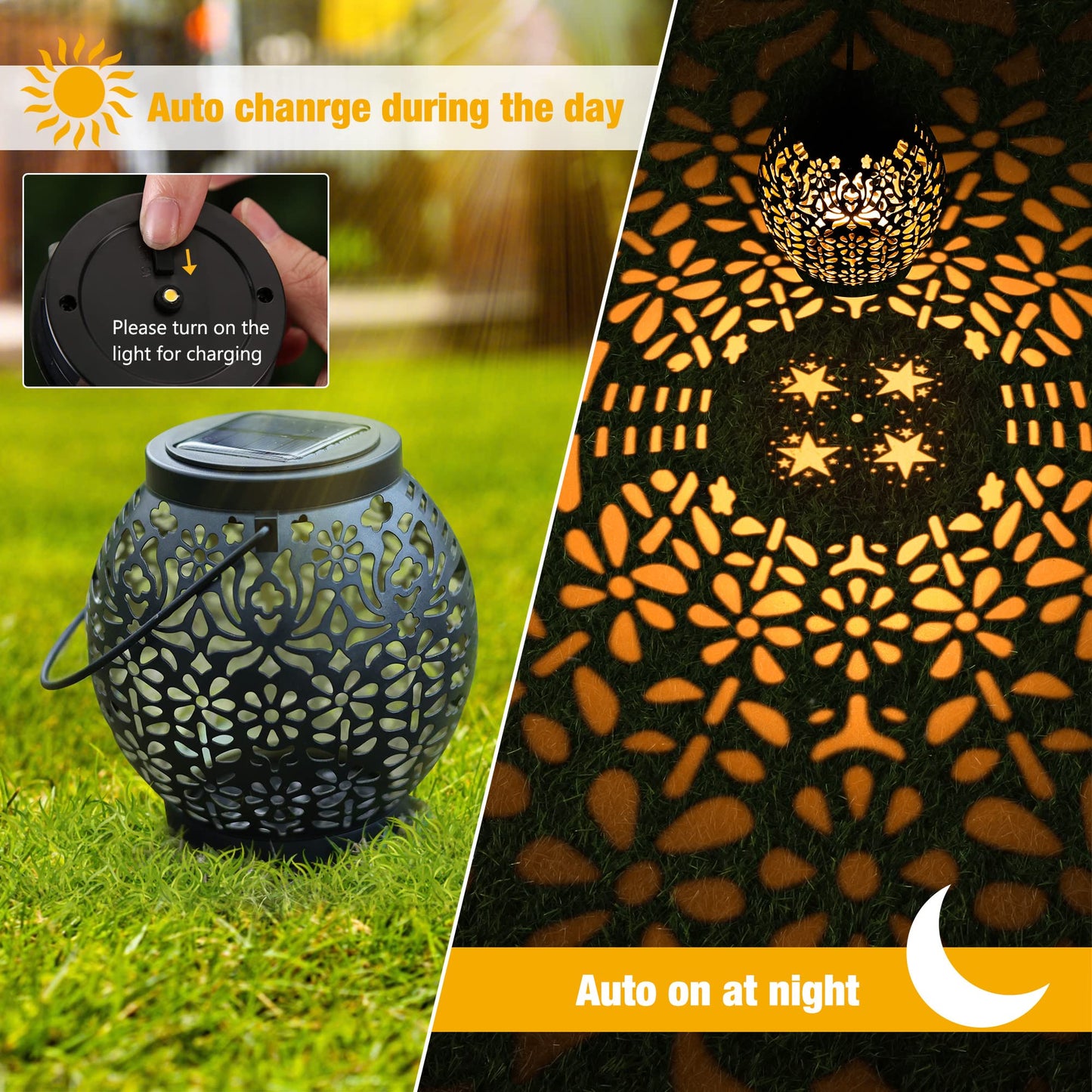 Solar Lantern Lights, 2 Pack Outdoor LED Hanging Lantern Lights with Star Projection, Warm White Solar Garden Lighting Retro Table Lanterns Light Waterproof for Garden Patio Courtyard Path
