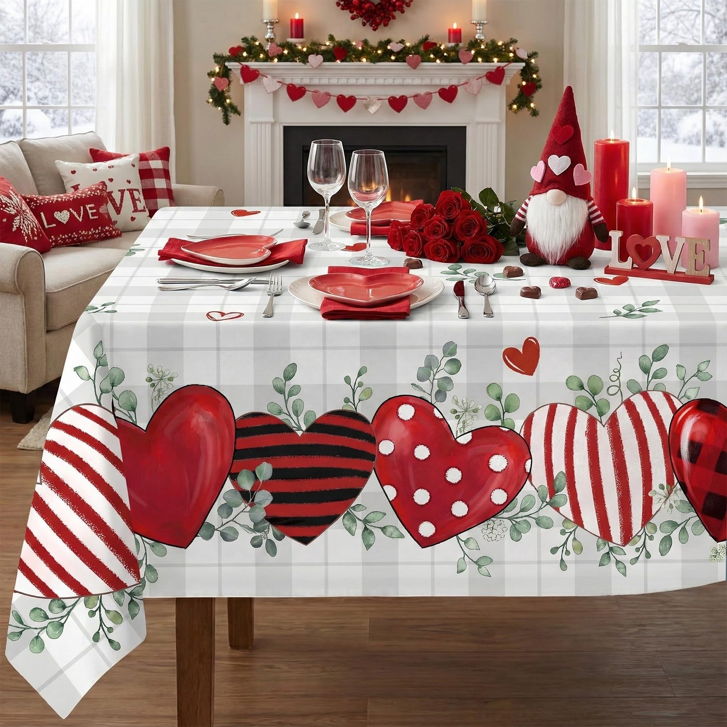 Valentines Day Tablecloth 60×84 Inch, Buffalo Plaid Valentine's Decorations for Home Table Cloth Rectangle, Valentine Day Red Heart Decor Tablecloths Polyester for Picnic Party Dinner