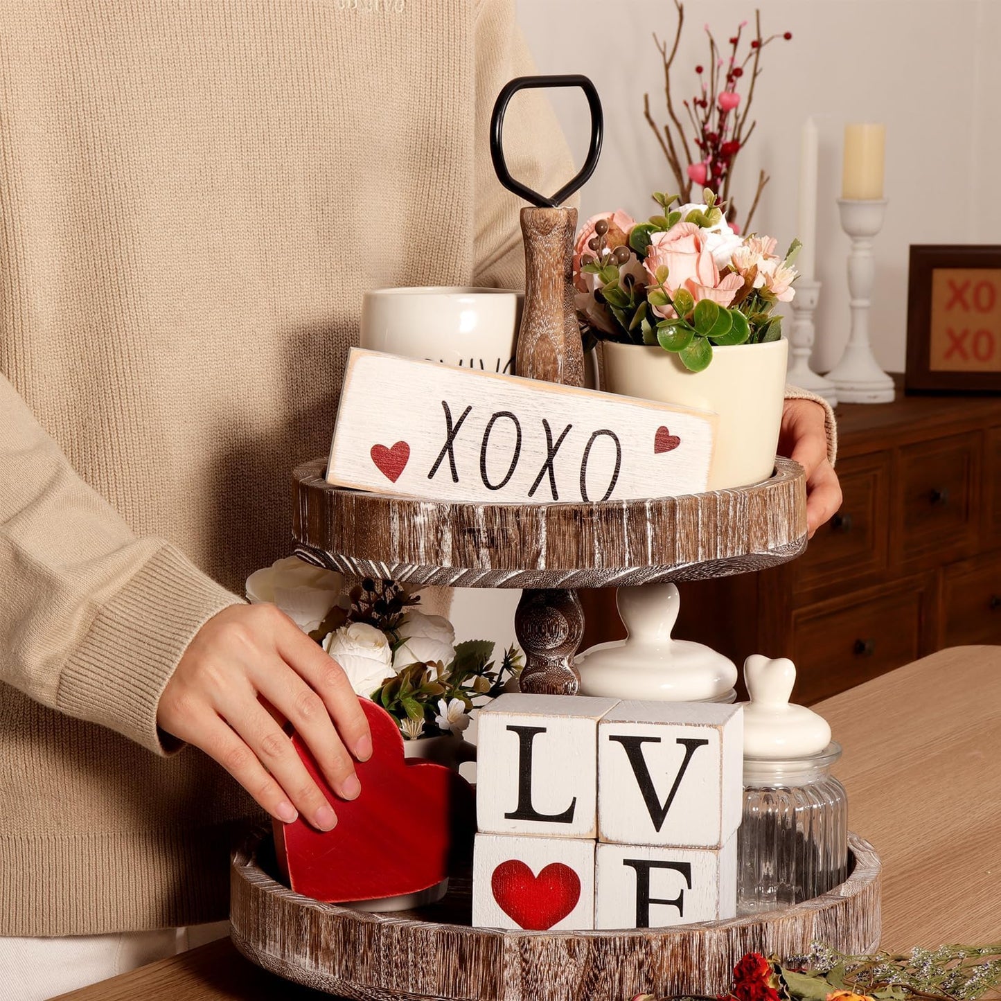 Valentines/St. Patrick’s Day Decorations, 4Pcs Rustic LOVE Wooden Centerpieces Decor Signs, Farmhouse Valentines Galentines Day Decor for the Home Office Table Mantel Shelf Gifts