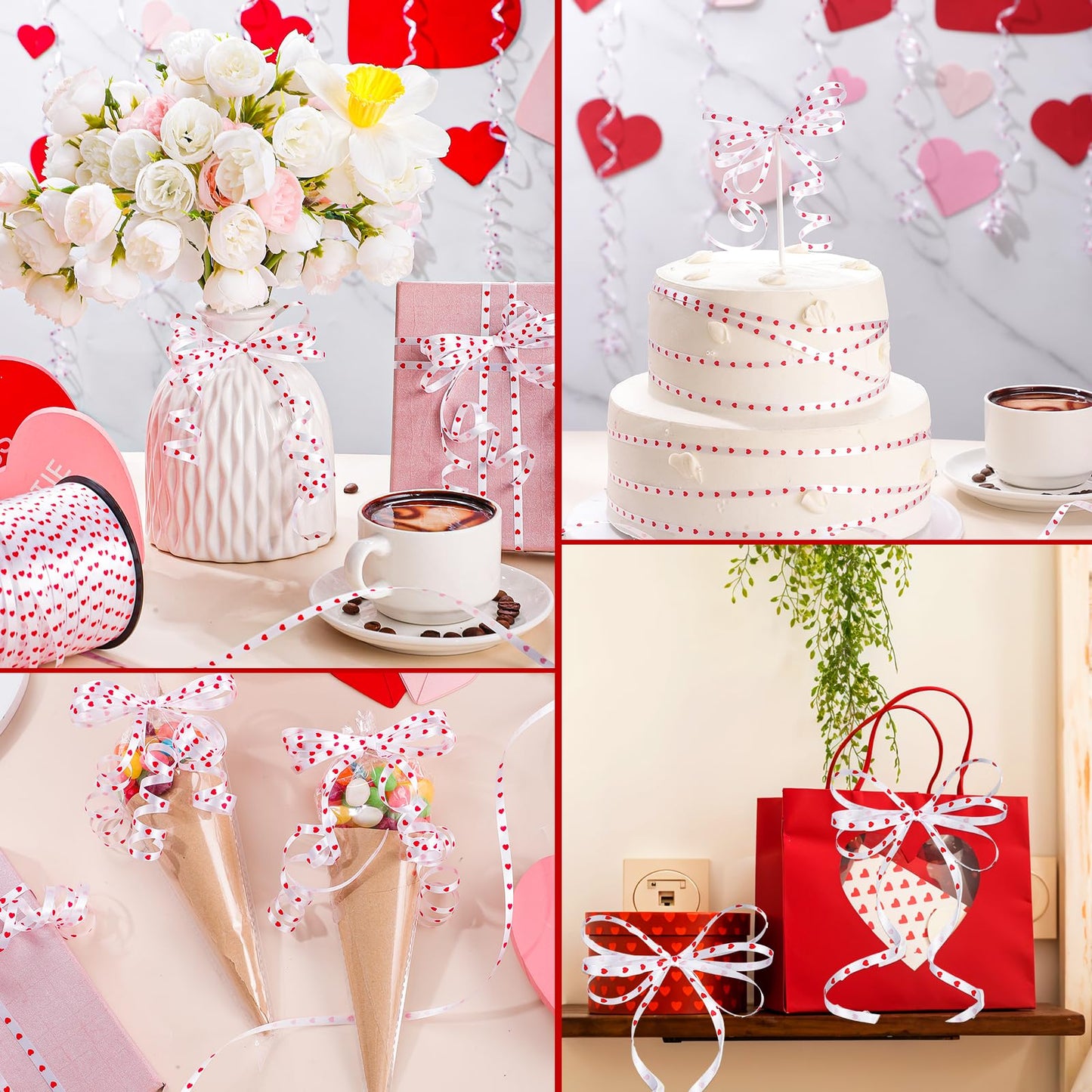 600 Yards Valentine Curling Ribbon 1/5 Inch Heart Ribbon White Red Balloon String Ribbons for Gift Wrapping Birthday Party Valentine's Day Decorations