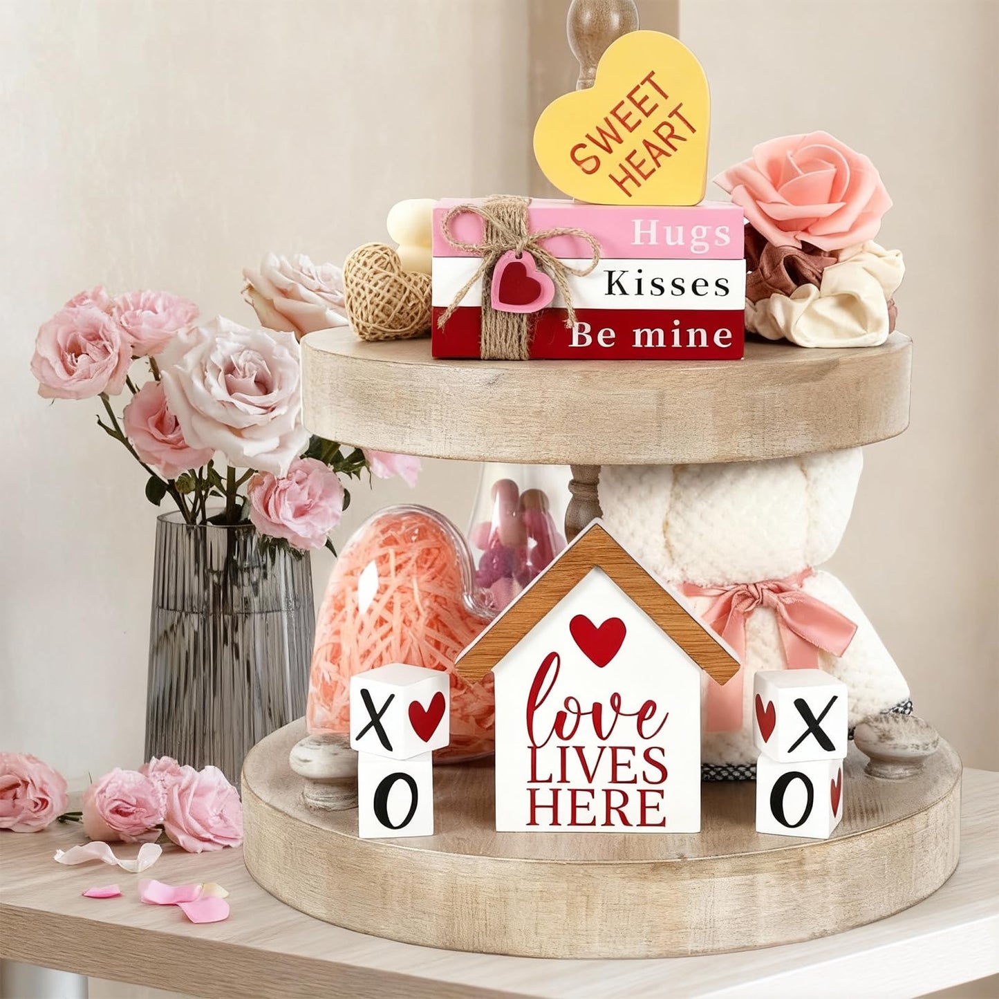 Valentines Day Decorations, Wood Book Stack with XOXO Blocks for Table Shelf Tiered Tray Decor, Freestanding Valentines Day Decor