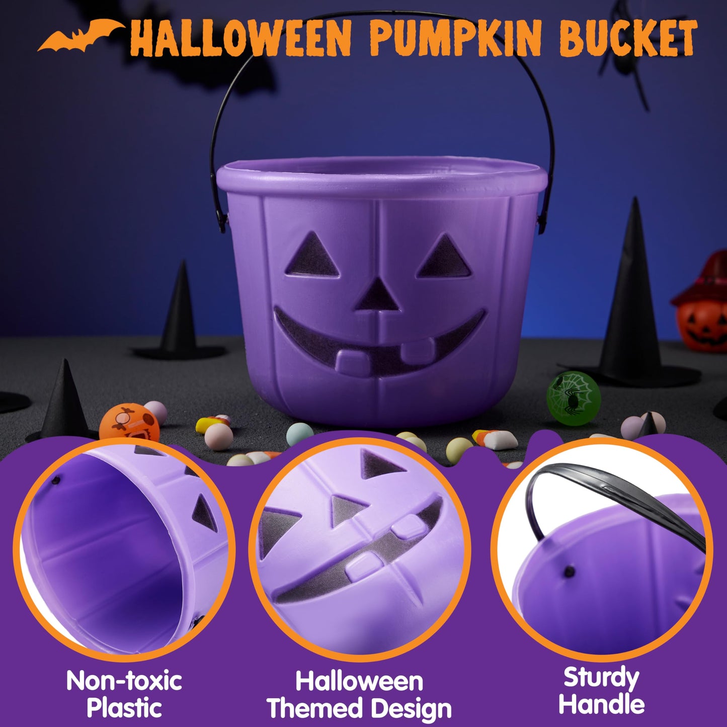 JOYIN 6PCS Halloween Trick or Treat Pumpkin Bucket, Orange Plastic Candy Bucket for Trick or Treating, Black Purple Jack O Lantern Basket and Pails with Handle for Kids Halloween Party Favor Supplies