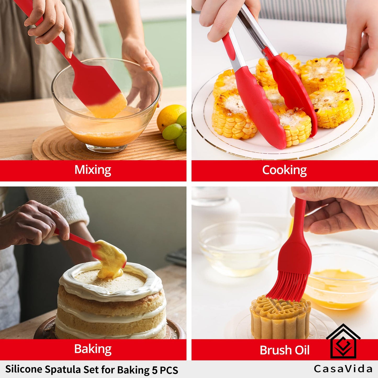 CasaVida Silicone Spatula Set 5pcs Red High Heat Resistant Non Stick Bakery Flexible BPA Free Dishwasher Safe Kitchen Utensils Bakeware Cookware Baking Mixing One-piece Seamless Spatula Set
