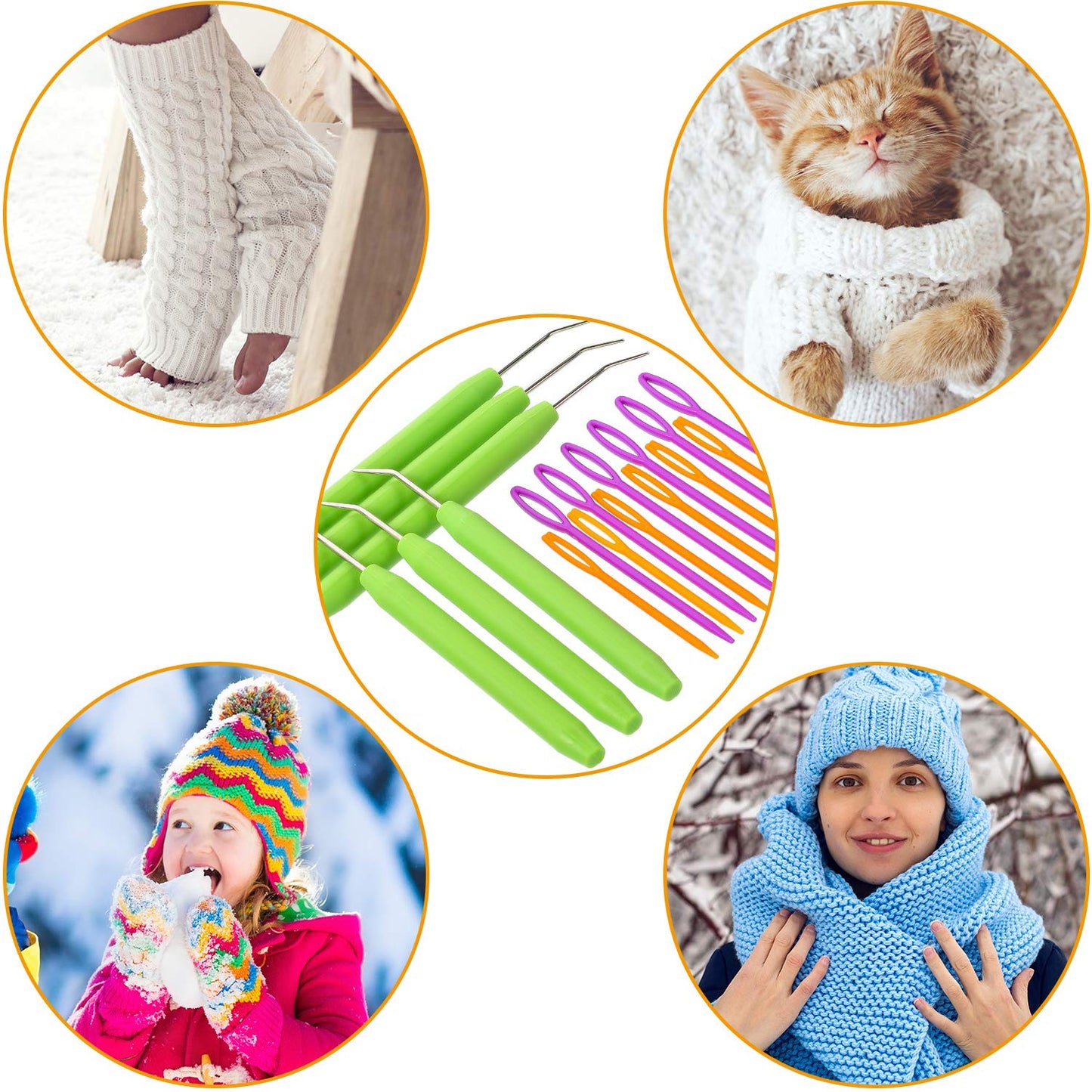 WILLBOND Knitting Loom Hook Crochet Needle Hook with Convenient Rubber Handles and Large Eye Plastic Sewing Needles for Knifty Knitting Knitter Crafts (9 Pieces)