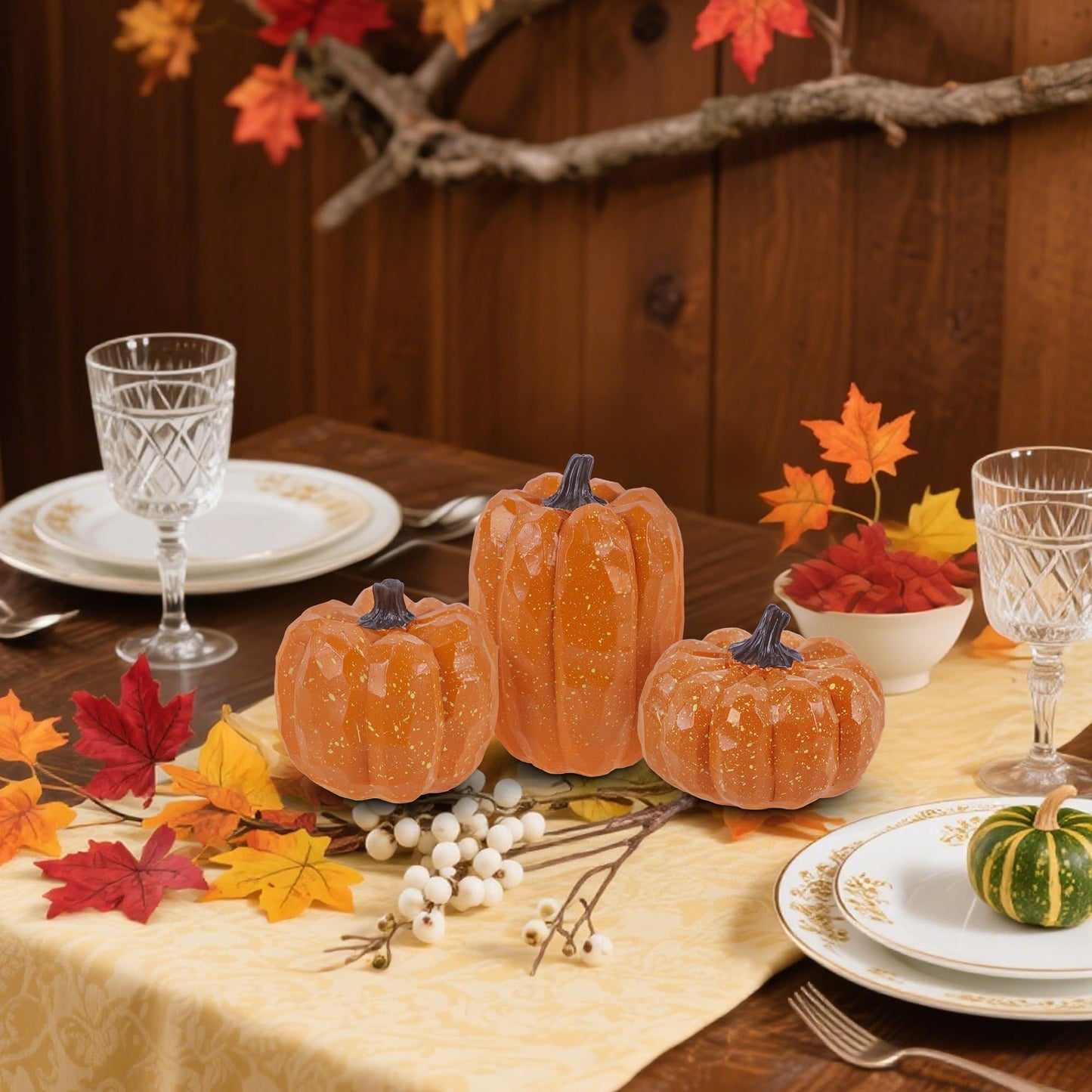 Pumpkins Fall Decor Set of 3 - Artificial Resin Thanksgiving Table Centerpiece for Home Mantel Porch Office & Farmhouse, Decorative Elegant Pumpkin Autumn Harvest Decorations (Orange)
