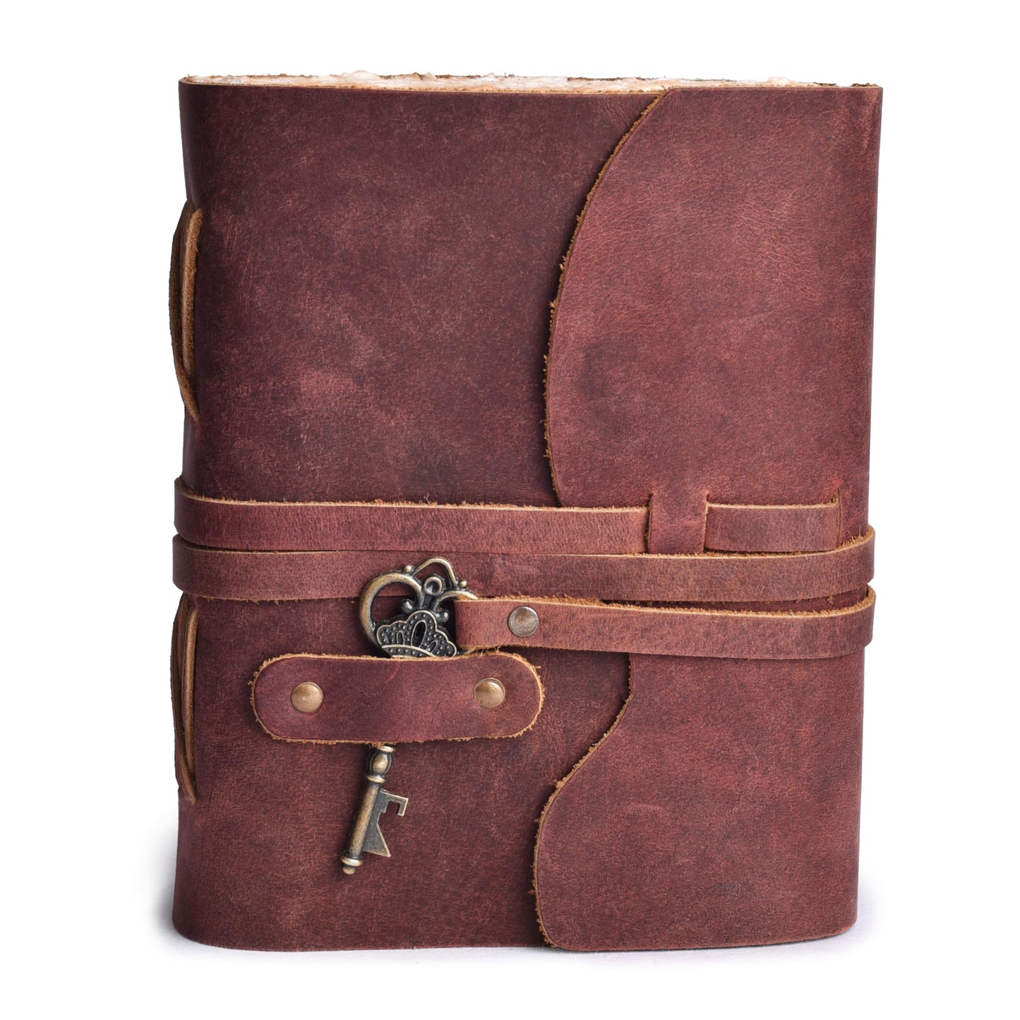 LEATHER VILLAGE Vintage Leather Journal – 200 Handmade Vintage Deckle Edge Paper – Leather bound Journal For Women Men – Vintage Key Closure - Book of Shadows - Red Brown - 6X4 inches (A6)