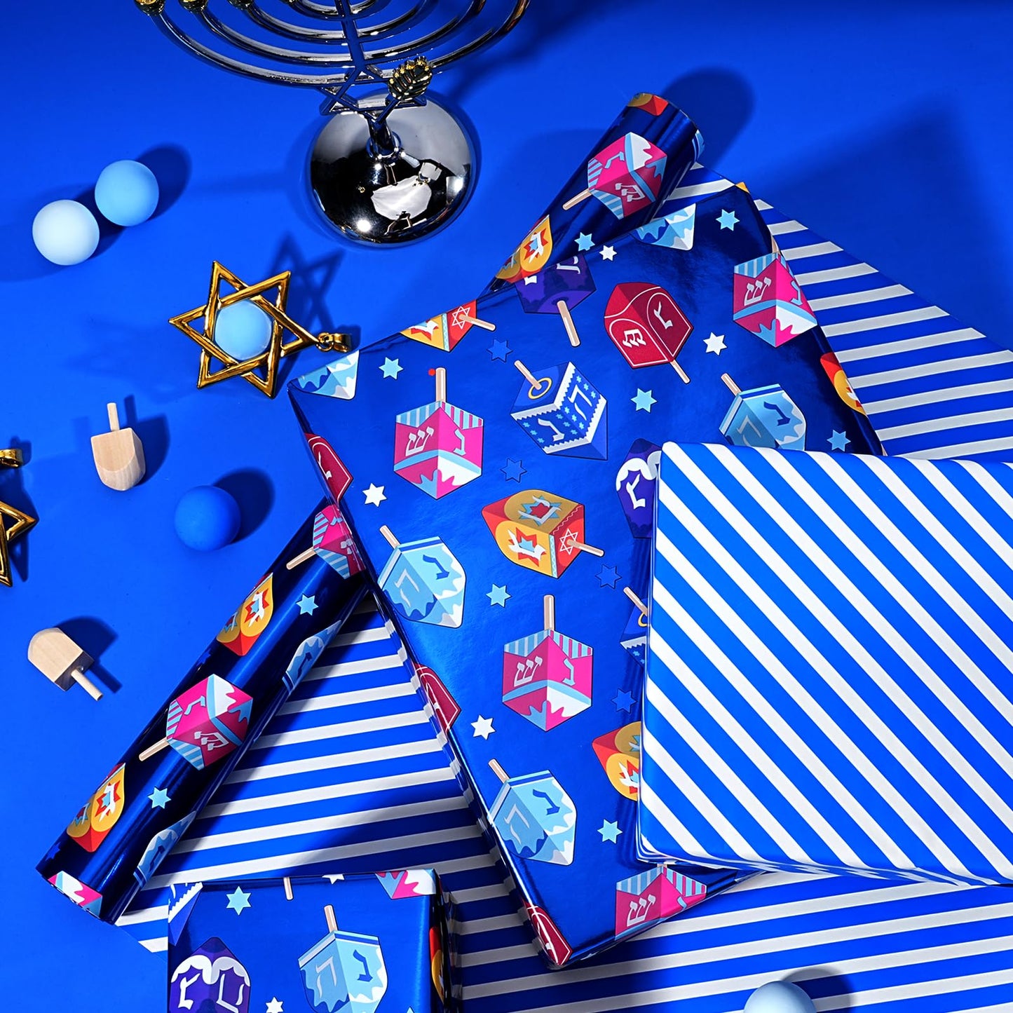Hanukkah Wrapping Paper Roll, Double-Sided Foil Gift Wrap with Dreidel & Stripes, 17 inch x 33 feet, Blue Holiday Wrapping for Family, Kids Presents & Party Supplies
