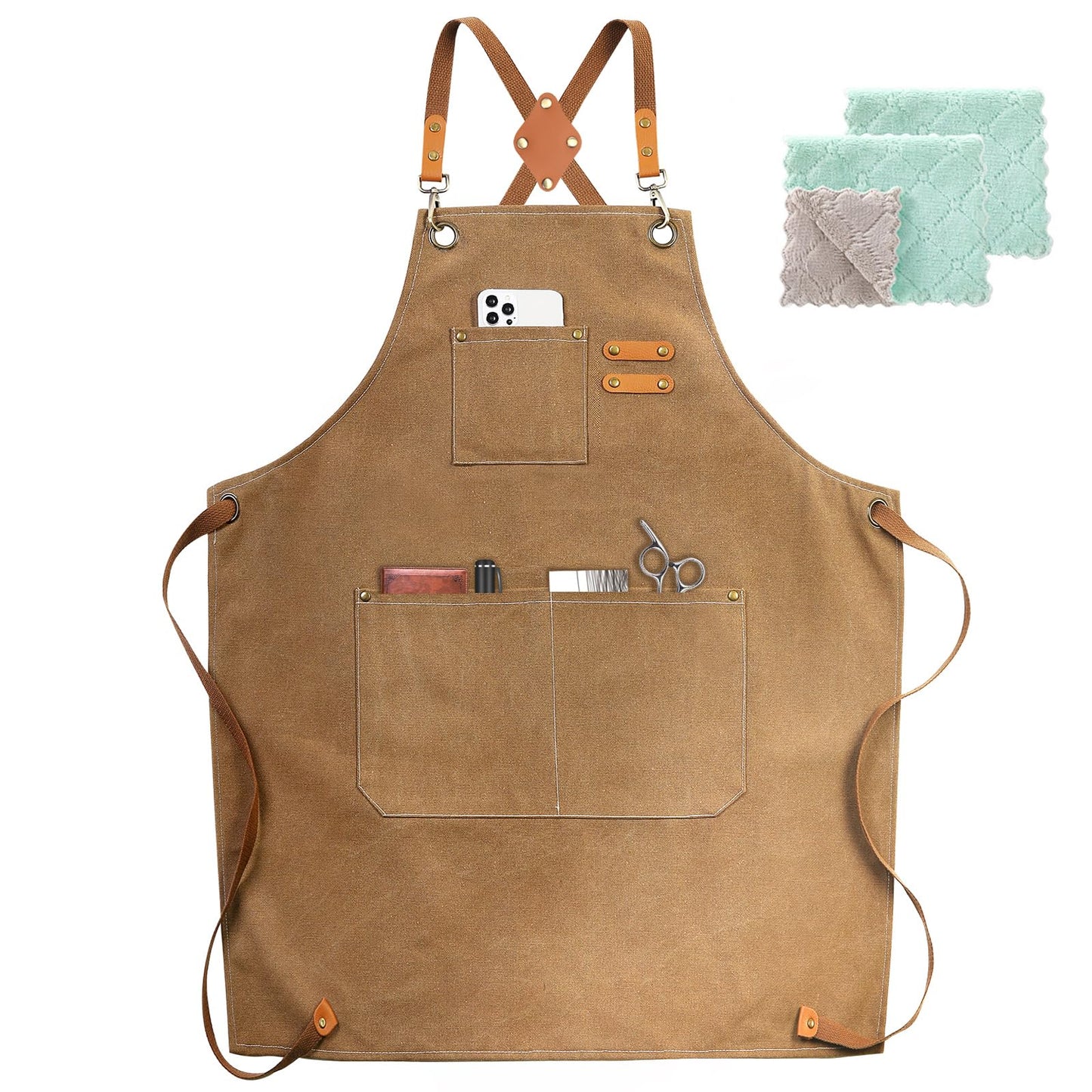 Chef Apron, Cotton Canvas Cross Back Apron with Pockets for Women and Men,Adjustable Strap and Large Pockets Apron,Kitchen Cooking Baking Bib Apron