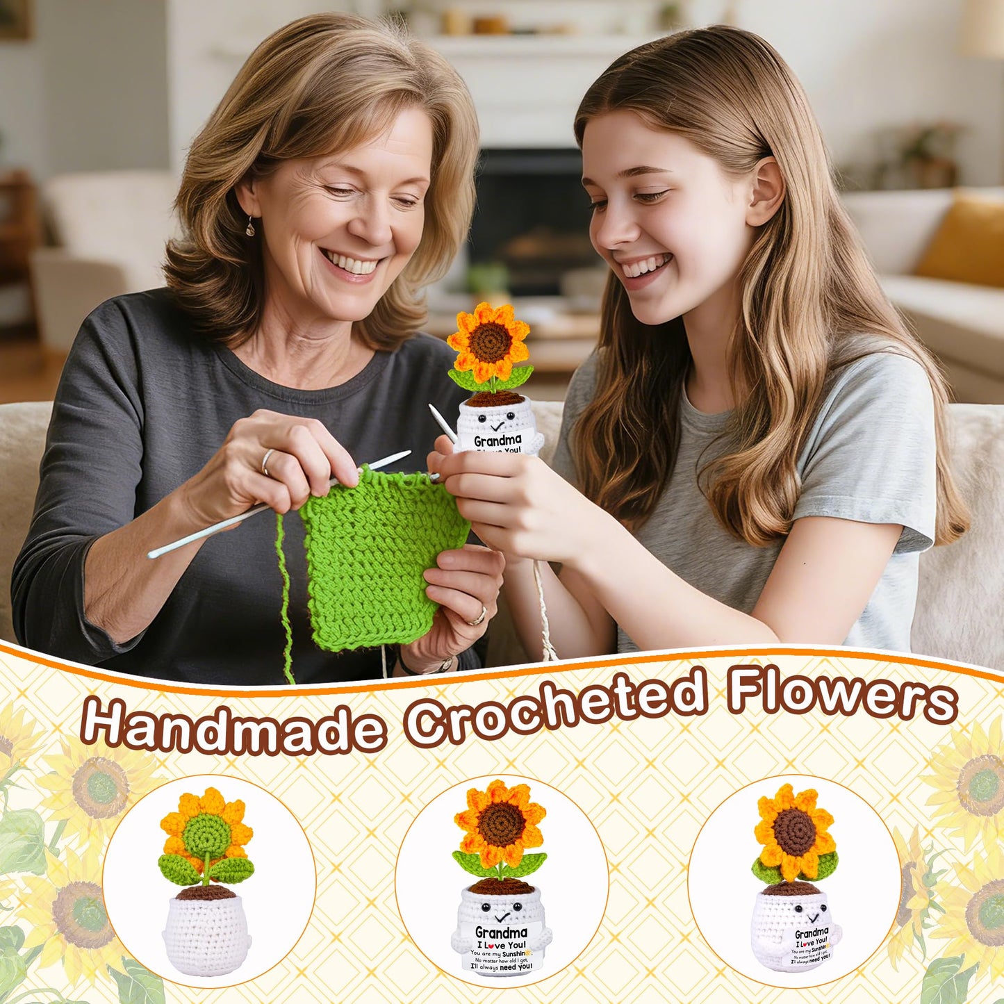 Qunland Easter Gifts for Grandma, Mothers Day Grandma Gifts from Grandkids, Handmade Crochet Mini Sunflower Pot Doll Birthday Gift for Nana Grandmother GaGa, Mother's Day I Love You for Gigi