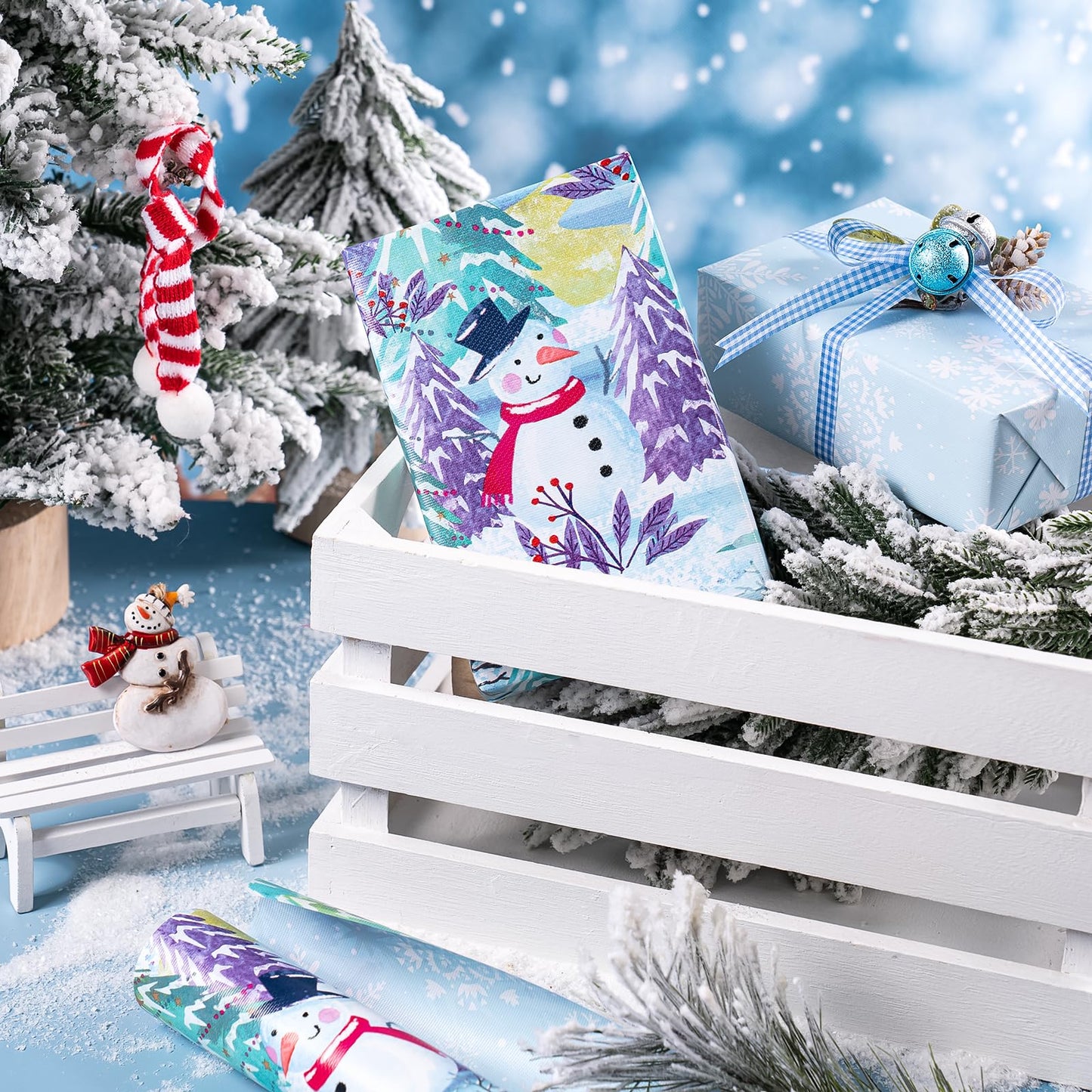 Reversible Christmas Wrapping Paper - Mini Roll - 17 Inch x 33 Feet - Snowman and Snowflake Wrapping Paper with Embossed for Christmas, Holiday, Party