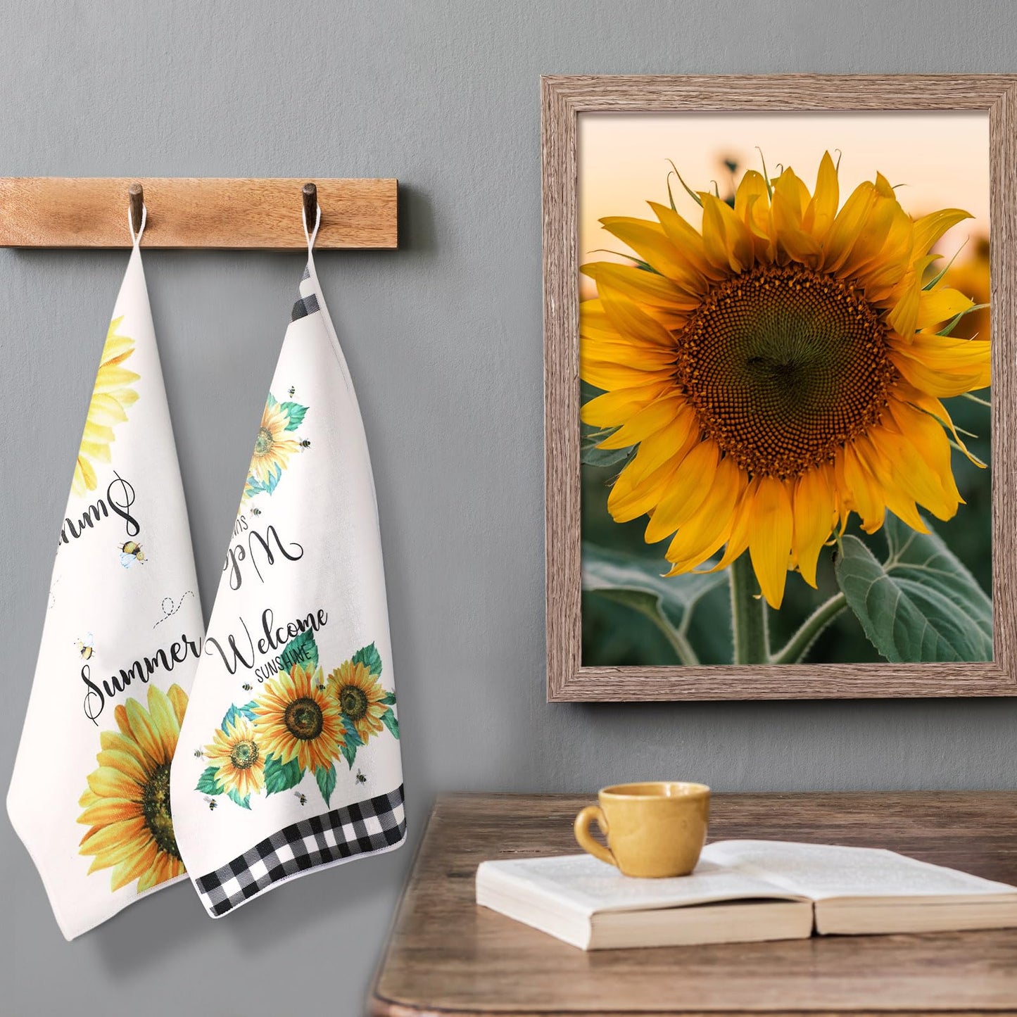 Bencailor 4 Pcs Sunflower Kitchen Towels Spring Summer Gifts Sunflower Floral Hand Dish Towels Absorbent Sunshine Yellow Grid Fast Drying Decor Housewarming Gift for Cooking Bathroom Kitchen Decor