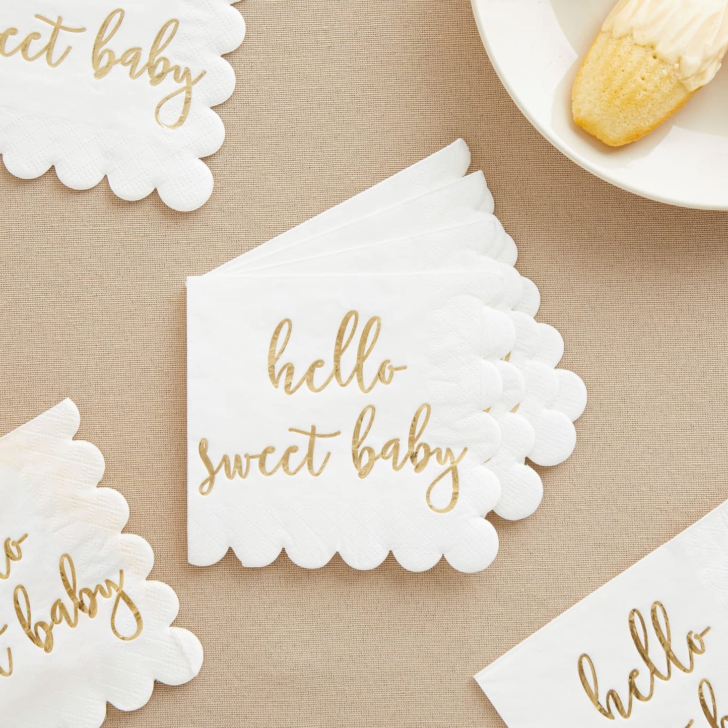 50 Pack 5x5 Inch White Scalloped Napkins with Gold Foil Hello Sweet Baby - Gender Neutral Baby Shower Napkins & Table Decor for Boy Girl Sprinkle Decorations