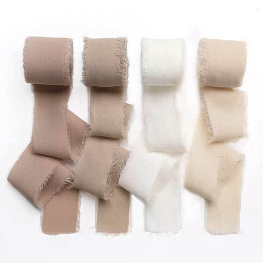 Pieaary Handmade Fringe Chiffon Silk Ribbon 4 Rolls/1" x 5Yd Per Roll,Nude & Cream Frayed Edges Ribbons Set (1"x20Yd, Nude&Cream)