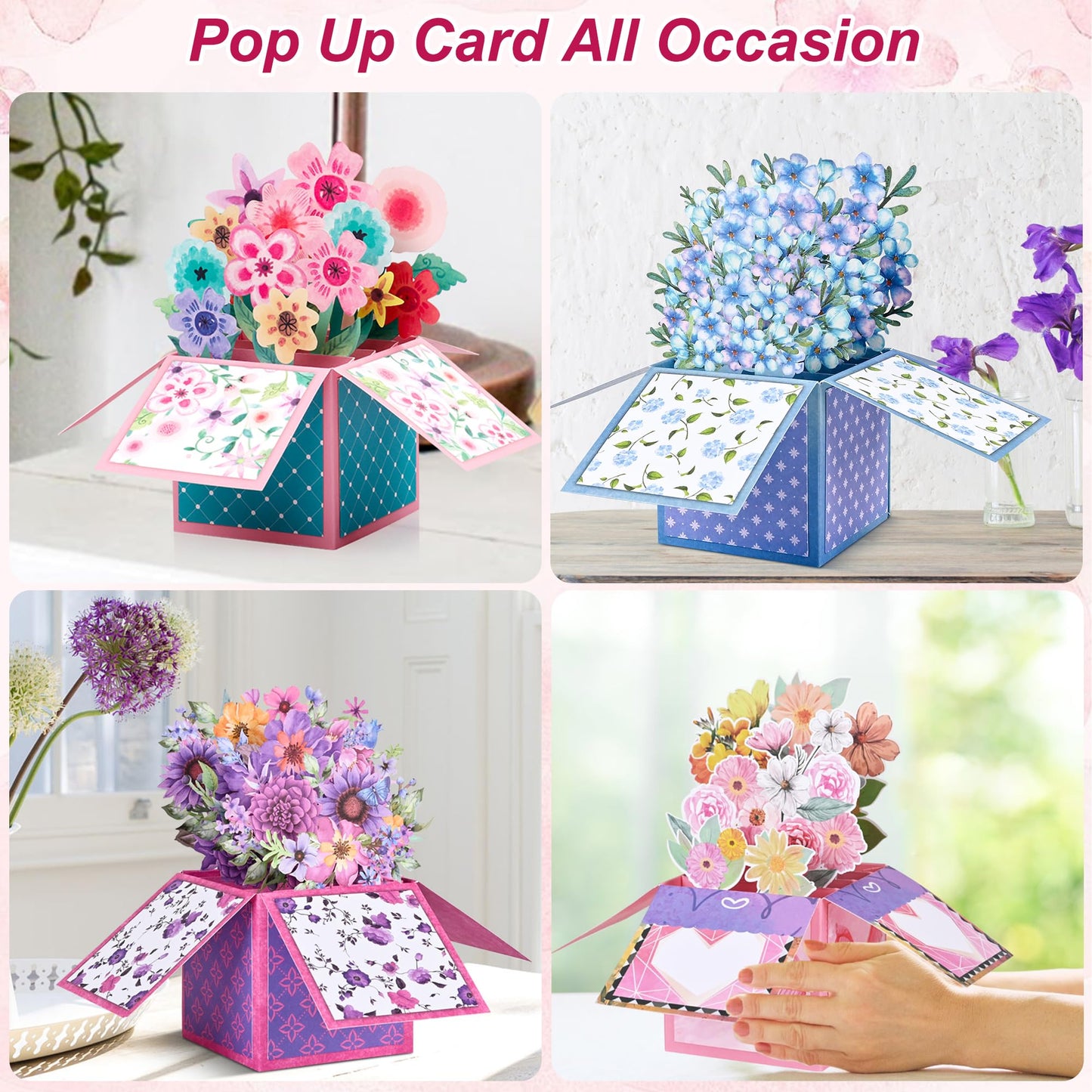 Giiffu 4 Pack Pop Up Flower Bouquet Cards, 3D Flower Pop Up Card with Envelope & Note, Mothers Day Pop Up Cards for Mom, Birthday Cards for Women, Paper Flower Bouquet, Get Well & Thank You Cards