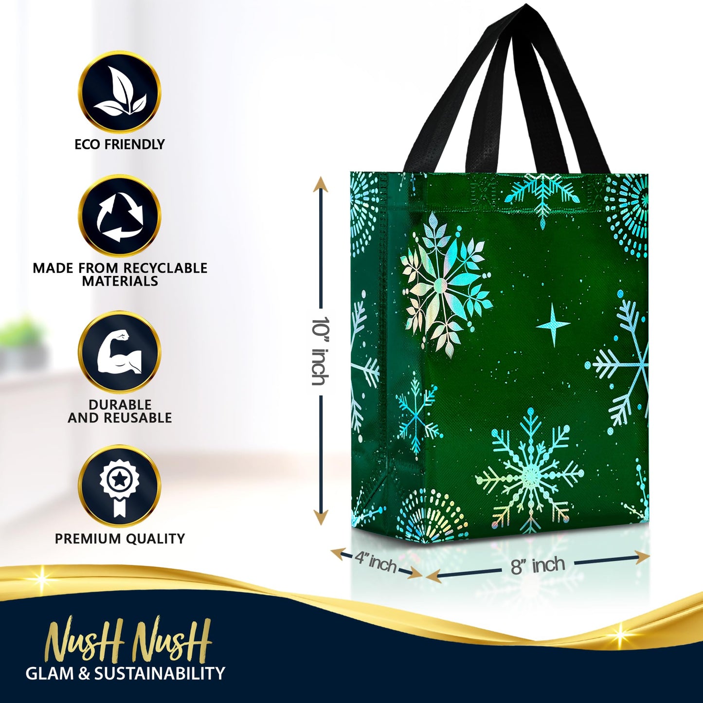 Snowflake Gift Bags Medium Size, Set of 12 Christmas Gift Bags with Handles (3 Each of Blue, Green and Red Colors) - Reusable Christmas Bag for Xmas Presents, Holidays - 8Wx4Dx10H