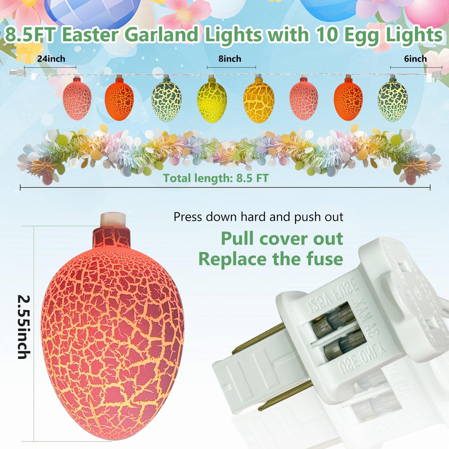 8.5Ft Easter Garland with Lights, Plug in Easter Egg String Lights & Pastel Tinsel Set (White Wire), Connectable Waterproof Indoor Outdoor Decor for Home Mantle Bedroom Party