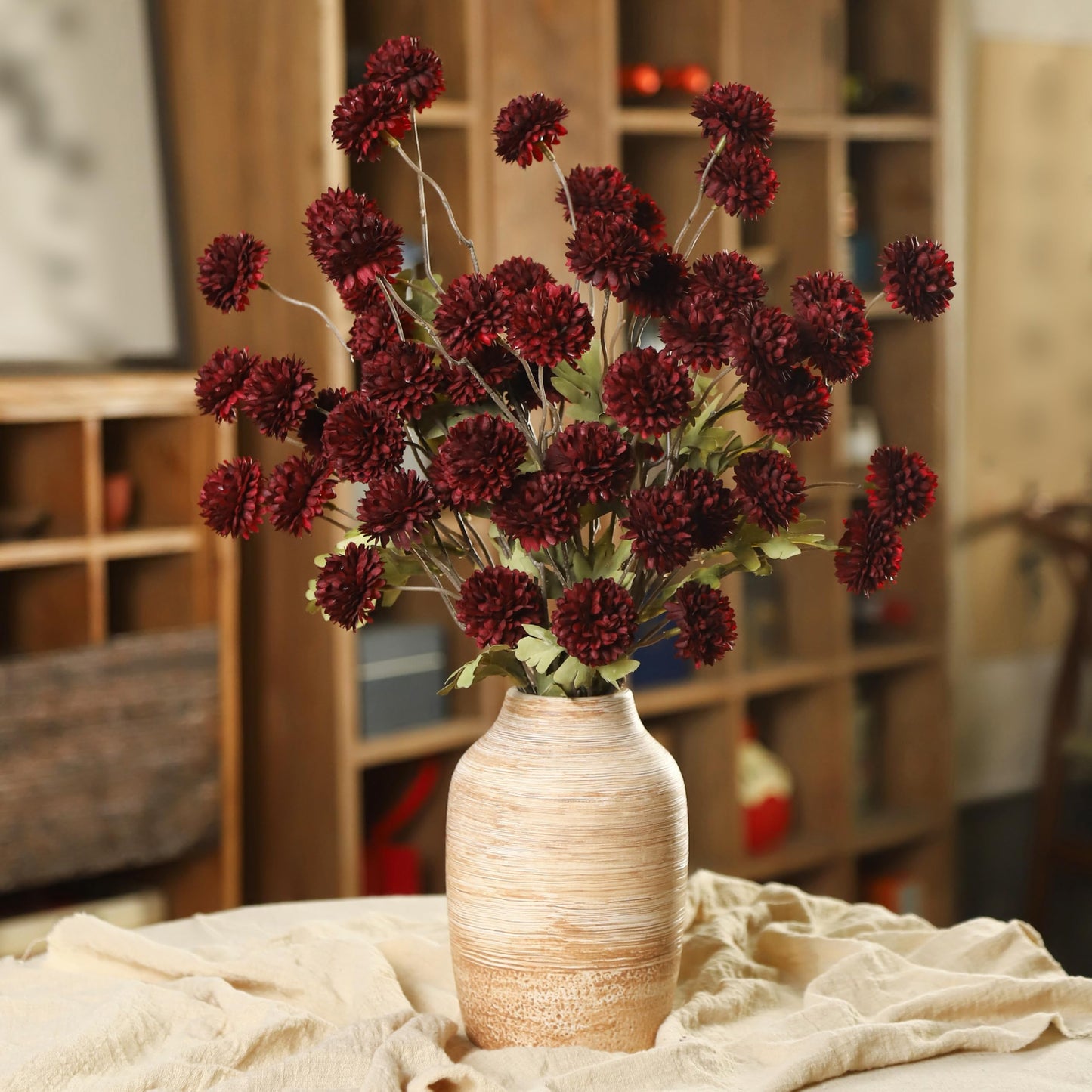 DuHouse 9pcs Artificial Flowers Faux Silk Pompon Mum,Silk Small Mini Chrysanthemum Ball with Stems for DIY Wedding Bouquets Centerpieces Vase Home Table Kitchen Decorations(Burgundy)