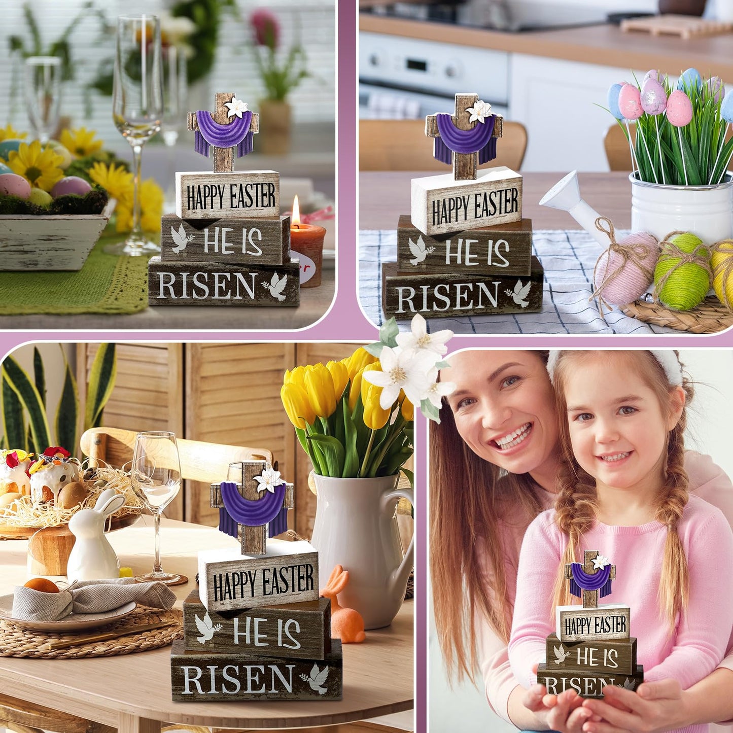 4 Pcs Easter Decorations He Is Risen Wooden Sign Christian Table Centerpiece Religious Cross Tiered Tray Decor Decorative Faux Book Stack Block for Table Fireplace Mantel Floating Shelf