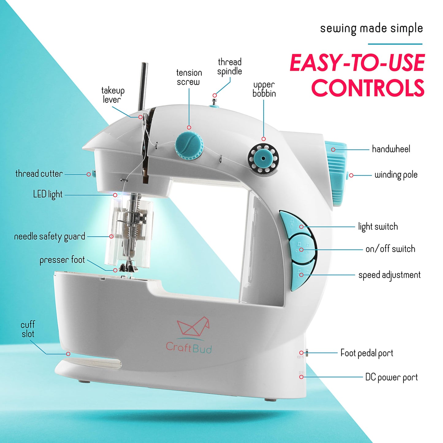 CraftBud Mini Sewing Machine for Beginners, Dual Speed Small Portable Sewing Machine for Kids and Adults with Extension Table, 48 Piece Gift Set Includes, Pedal, Projects Book, Light and More, White