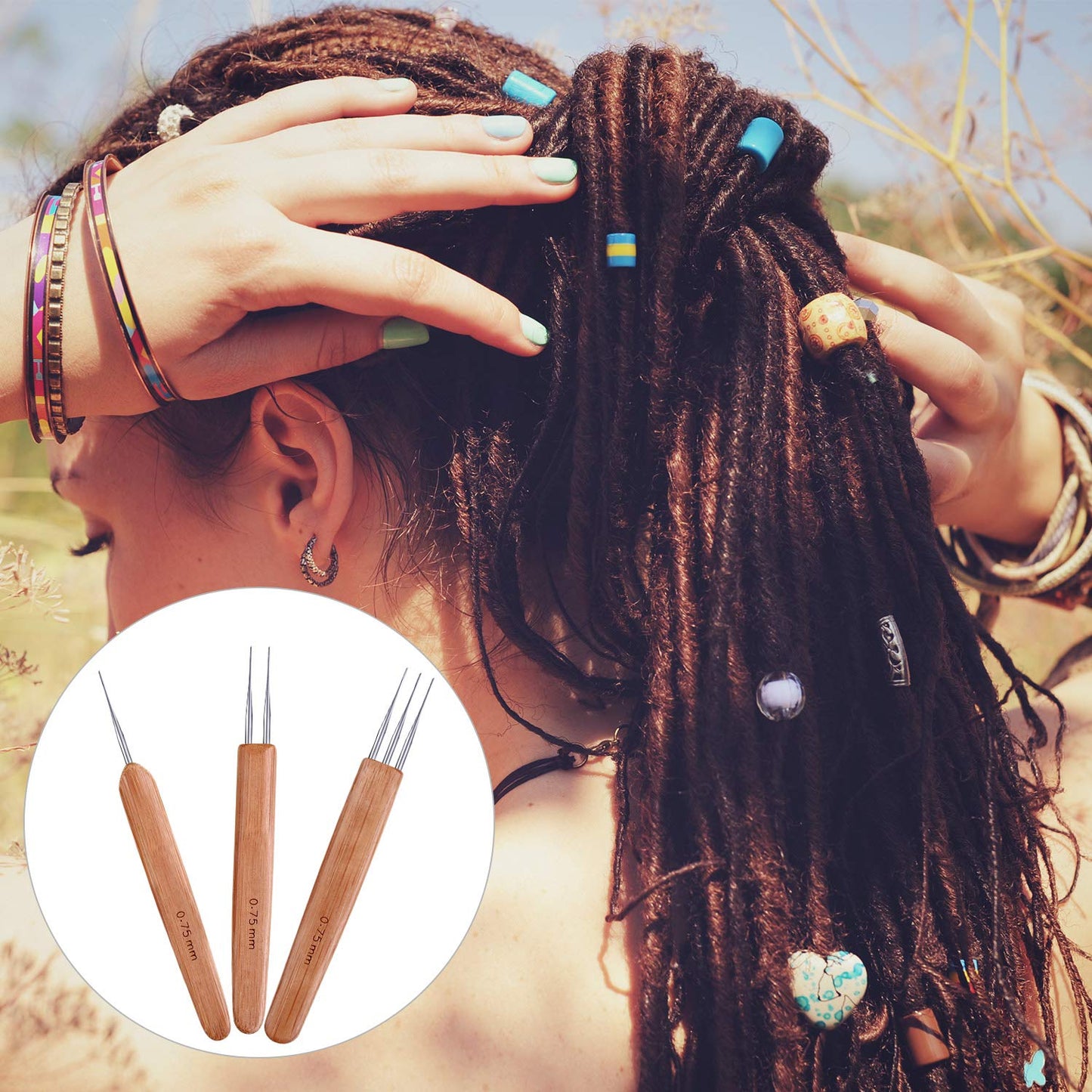 Zonon 3 Pieces 0.75 mm Dreadlock Crochet Hook Bamboo Needle Weaving Crochet, Include 1 Hook, 2 Hooks, 3 Hooks for Dreadlock Supplies