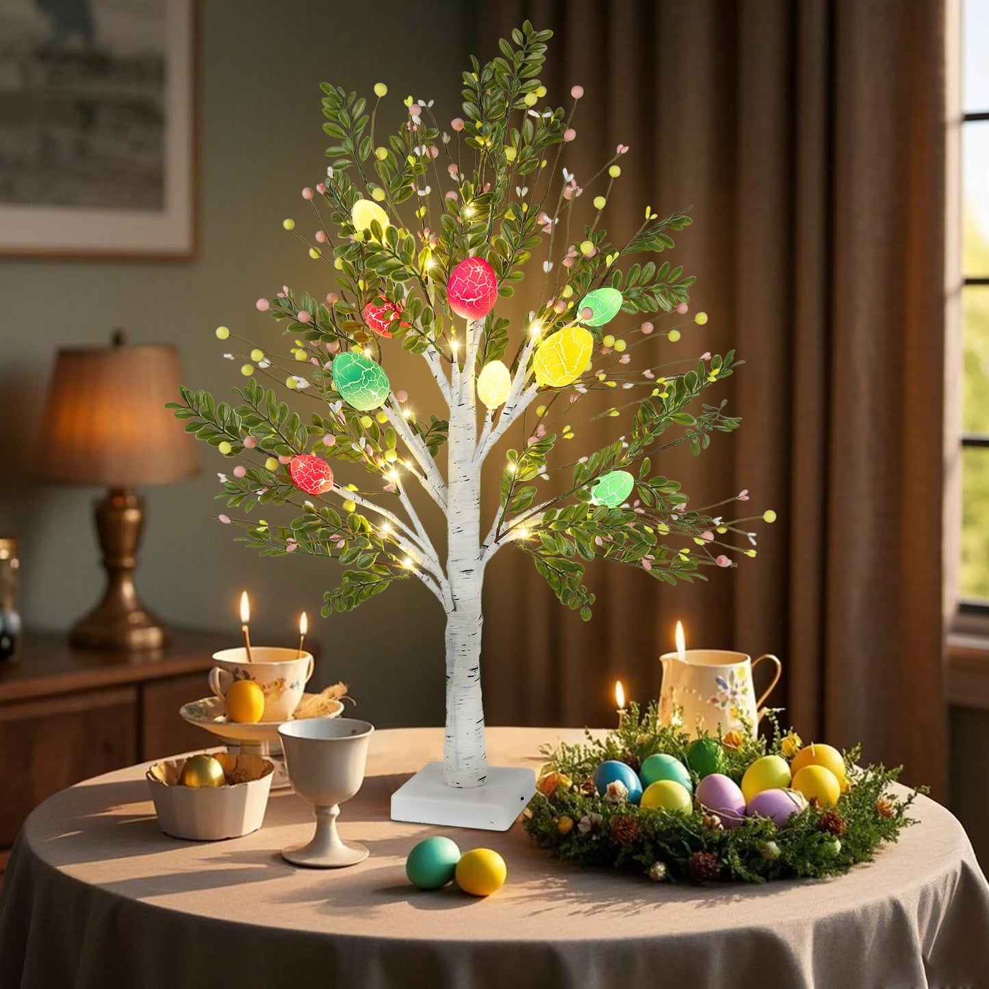 27 Inch Easter Decorations for Home – 2 Pack Lighted Easter Trees, Light Up Birch Trees with Easter Egg, Tabletop Spring Decor for Mantel Indoor Office