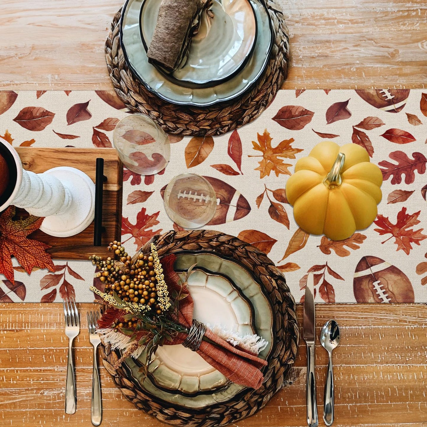 Fall Table Runner 13x72 Inch,Football with Maple Leaves Table Decors for Seasonal Harvest Autumn Thanksgiving Farmhouse Home Kitchen Dining Party