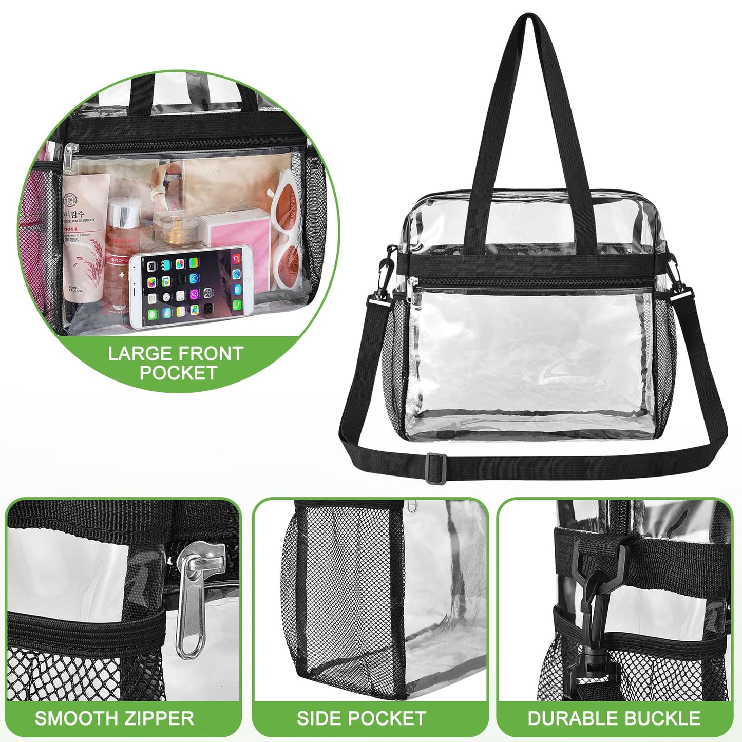 Oraben Clear Bag Stadium Approved 12x6x12 Clear Tote Bag with Removable Strap Clear Lunch Bag for Work Sports Festival (Black)