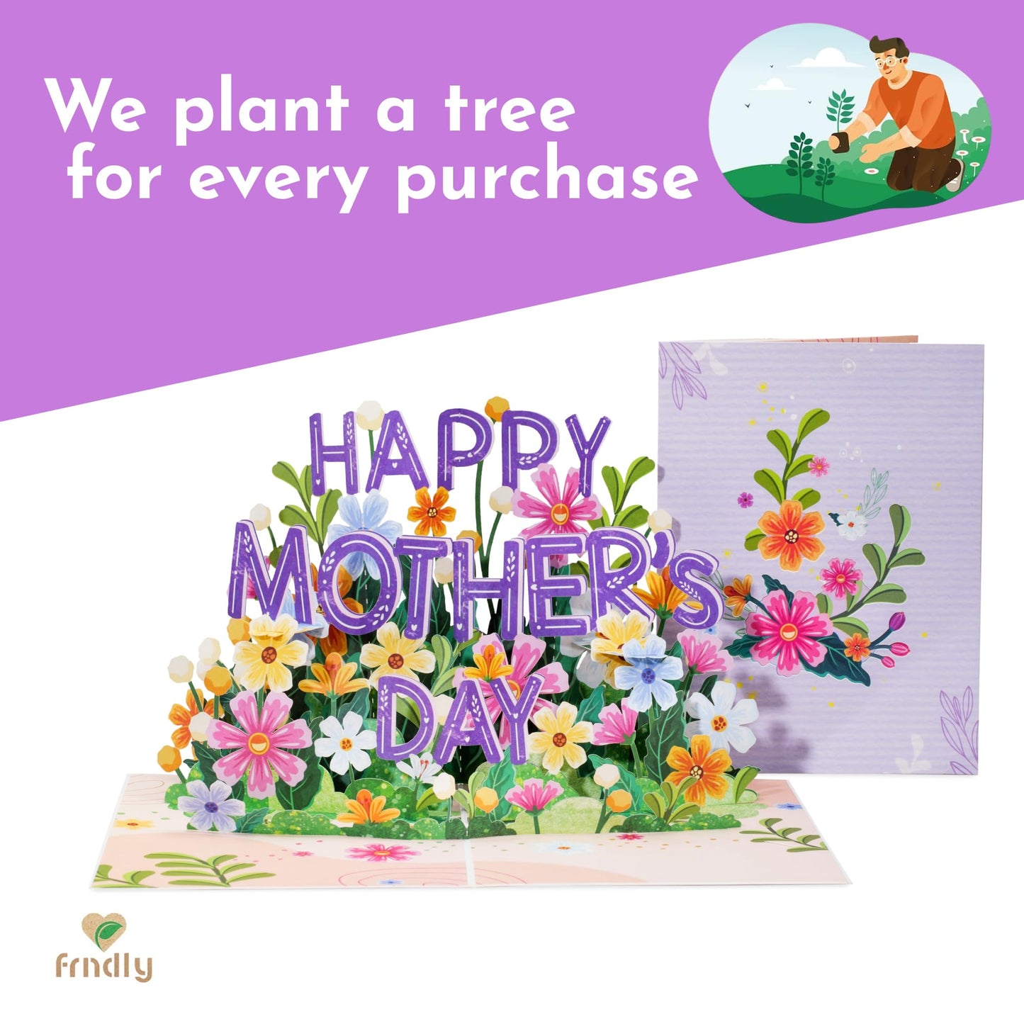 Paper Love Frndly 3D Pop Up Happy Mothers Day Card, Handcrafted - 100% Recycled and Eco-Friendly, 8" x 6" Cover - with Note Tag