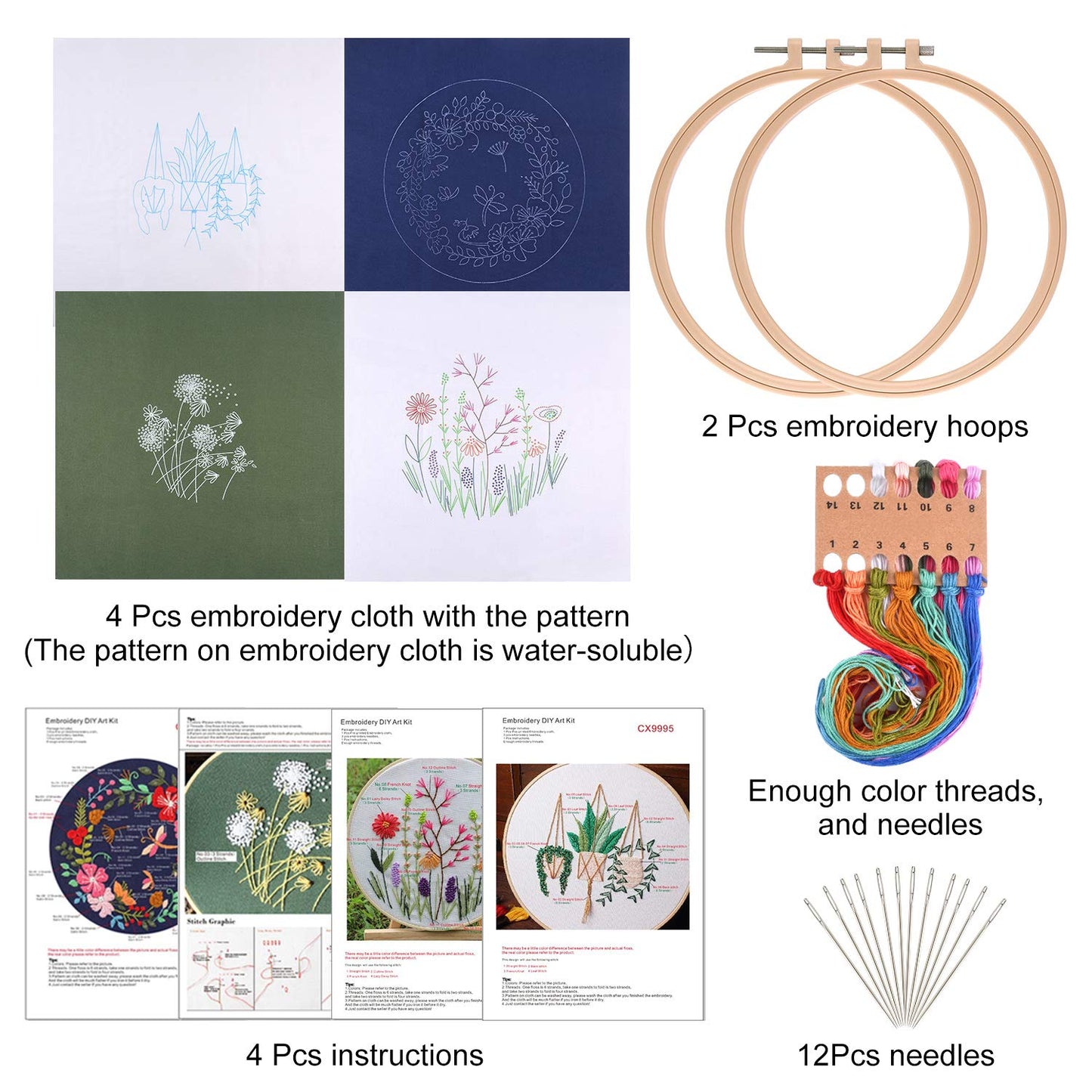 4 Sets Embroidery Starter Kit with Pattern and Instructions Cross Stitch Kit Includes 4Pcs Embroidery Clothes with Floral Pattern, 2 Pcs Embroidery Hoops, Scissor, Color Threads Needle Kit