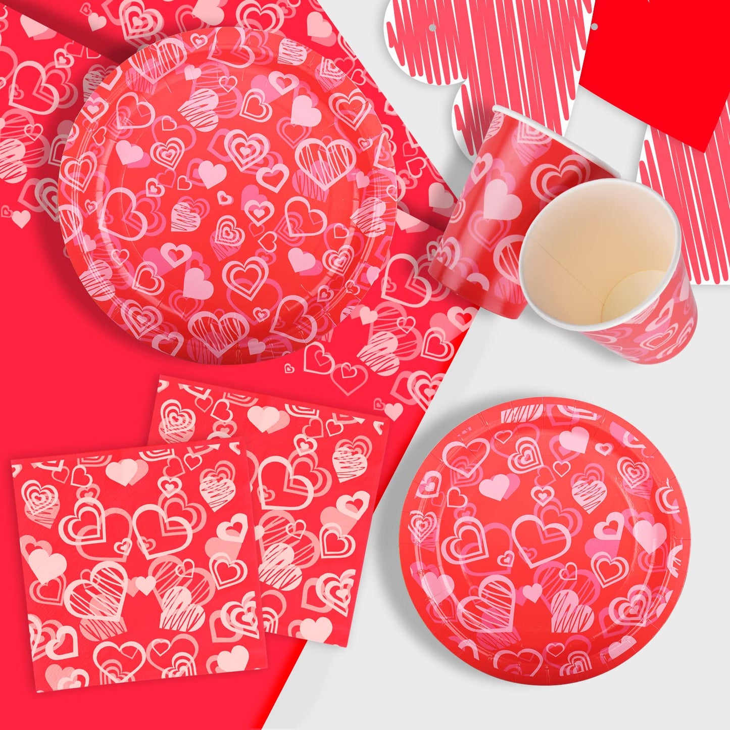 Gatherfun Valentine's Day Party Supplies Hot Heart Love Disposable Paper Plates Napkins Cups plastic Tablecloth with Banner for Valentine's Day, Engagements, Anniversary, Birthday Party Serve 25
