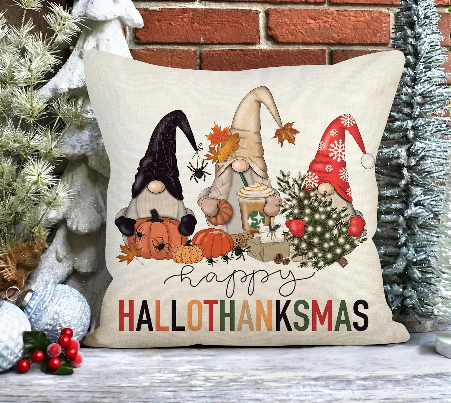 Halloween Hallothanksmas Gnome Pillow Covers 20x20, Fall Autumn Thanksgiving Christmas Throw Cushion Cases for Couch Sofa, Harvest Holiday Farmhouse Home Decor