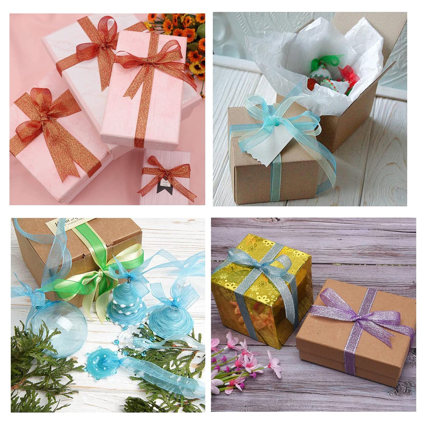 6 Rolls 198 Yards Sparkly Glitter Fabric Ribbon 1/4-Inch 6mm Metallic Sheer Organza Ribbon 6 Colors for Jewelry Bows Making Party Wedding Present Package Wrapping