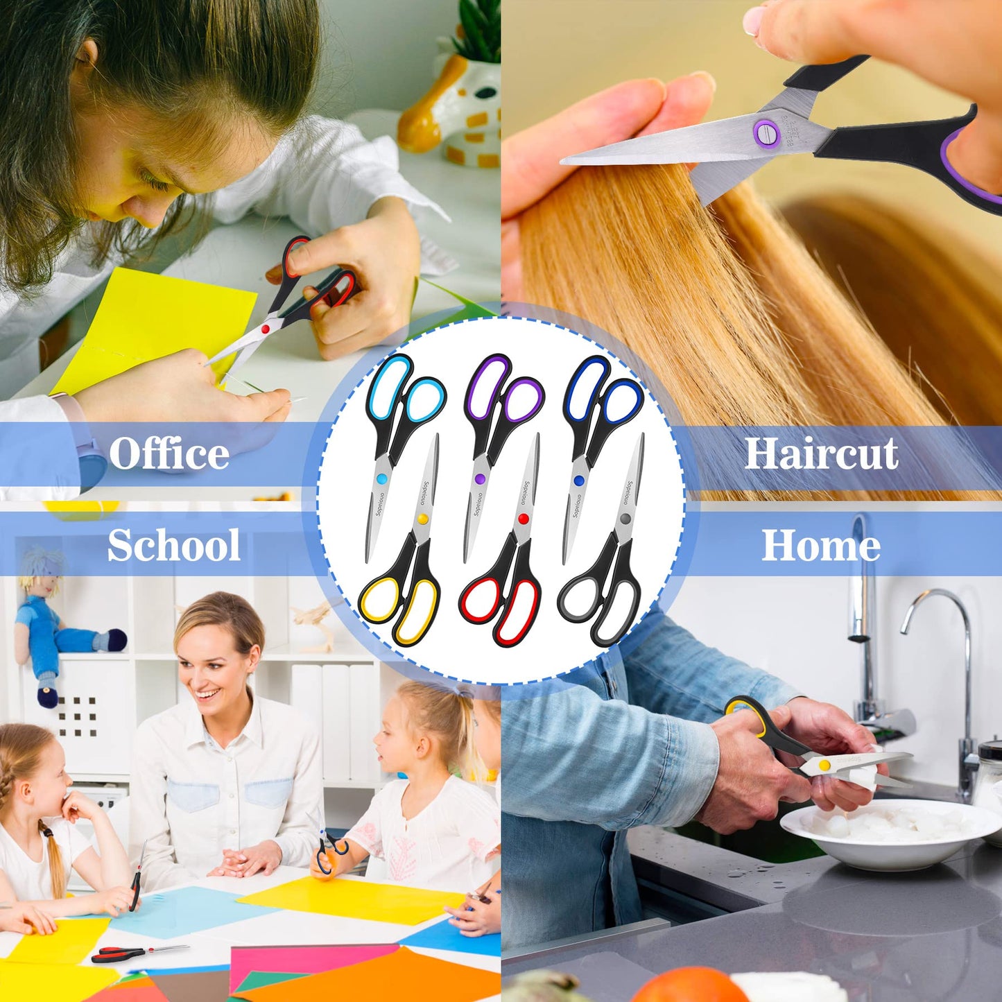 Scissors Set of 6-Pack, 8" Scissors All Purpose Comfort-Grip Handles Sharp Scissors for Office Home School Craft Sewing Fabric Supplies, High/Middle School Student Teacher Scissor, Right/Left Hand