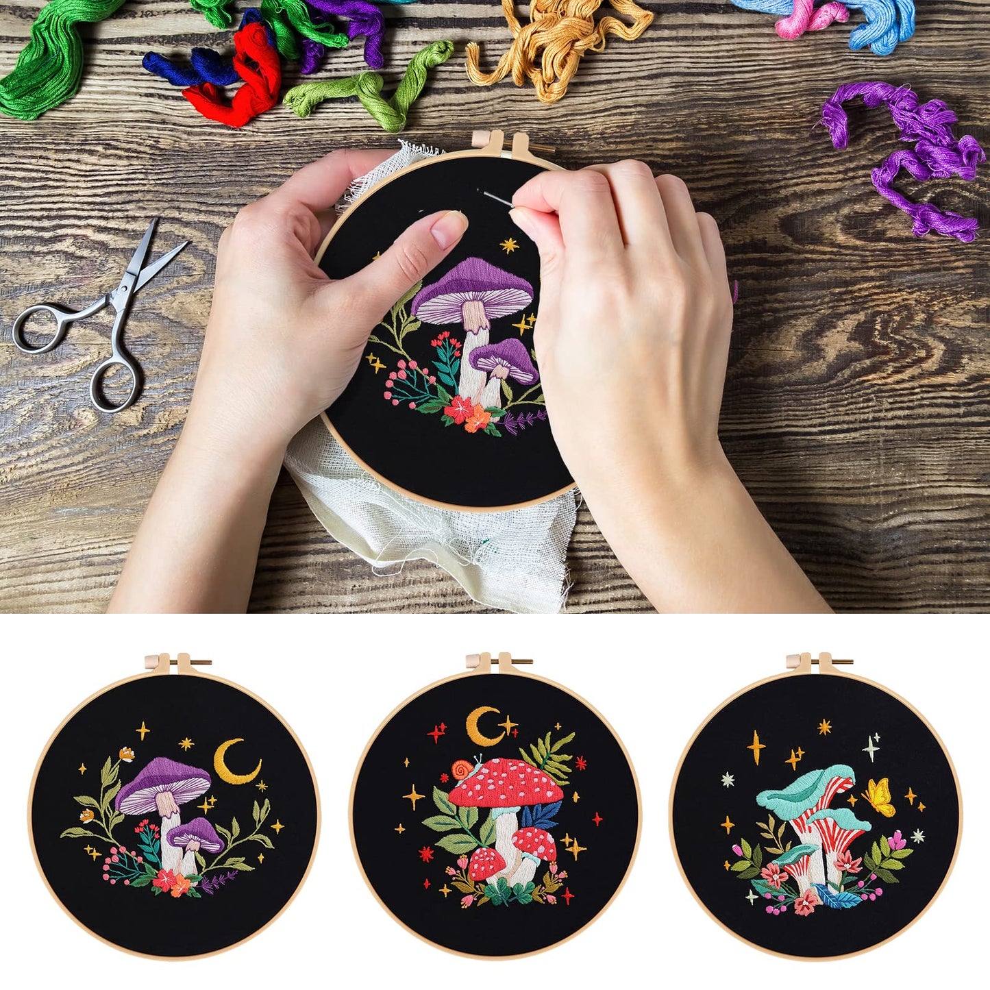 Nuberlic 3 Pack Embroidery Kit for Beginner Adults, Stamped Cross Stitch with Mushroom Patterns Include 3 Hoop, Cloth Thread Needles and Instructions