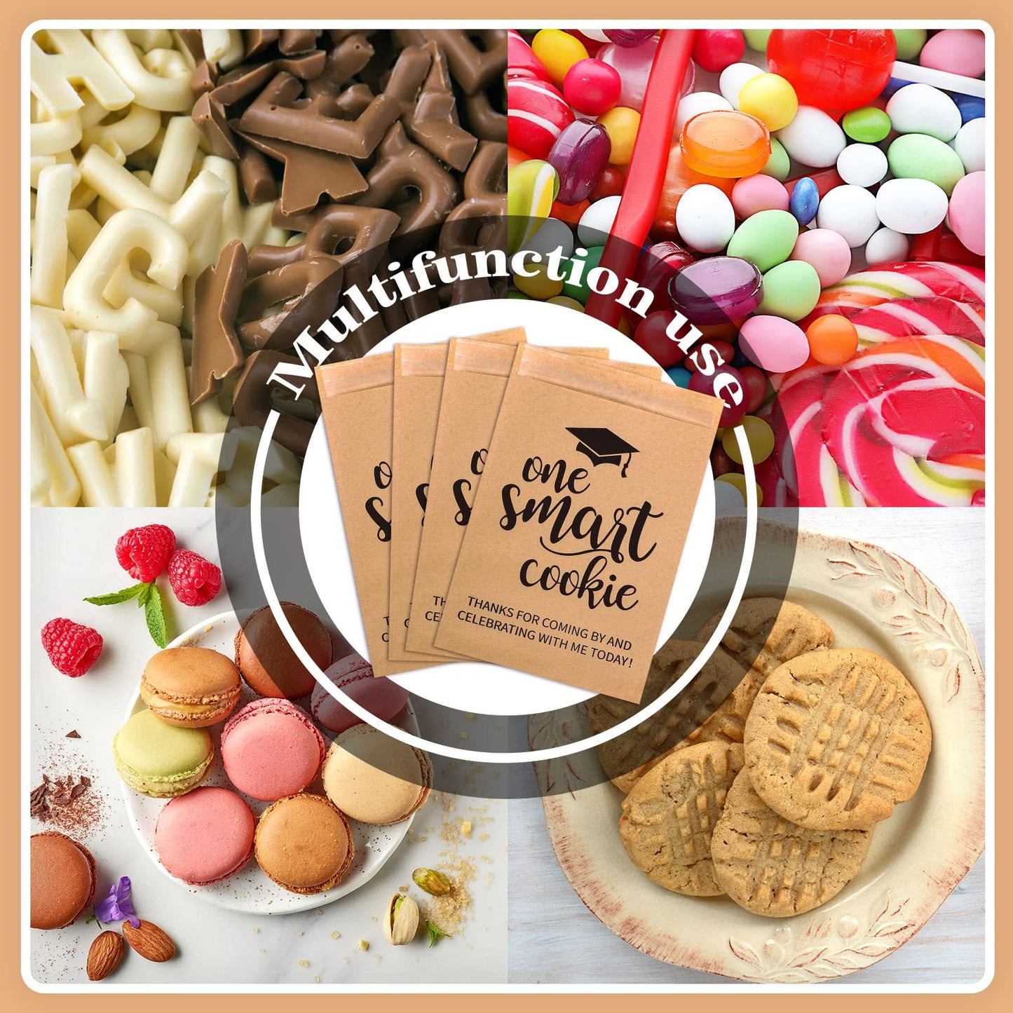 Whaline 100 Pack 2026 Graduation Candy Cookie Gift Bags One Smart Cookie Self-Adhesive Buffet Treat Bag Congrats Grad Kraft Paper Treat Gift Bags for 2026 Graduation Party Decoration Supplies