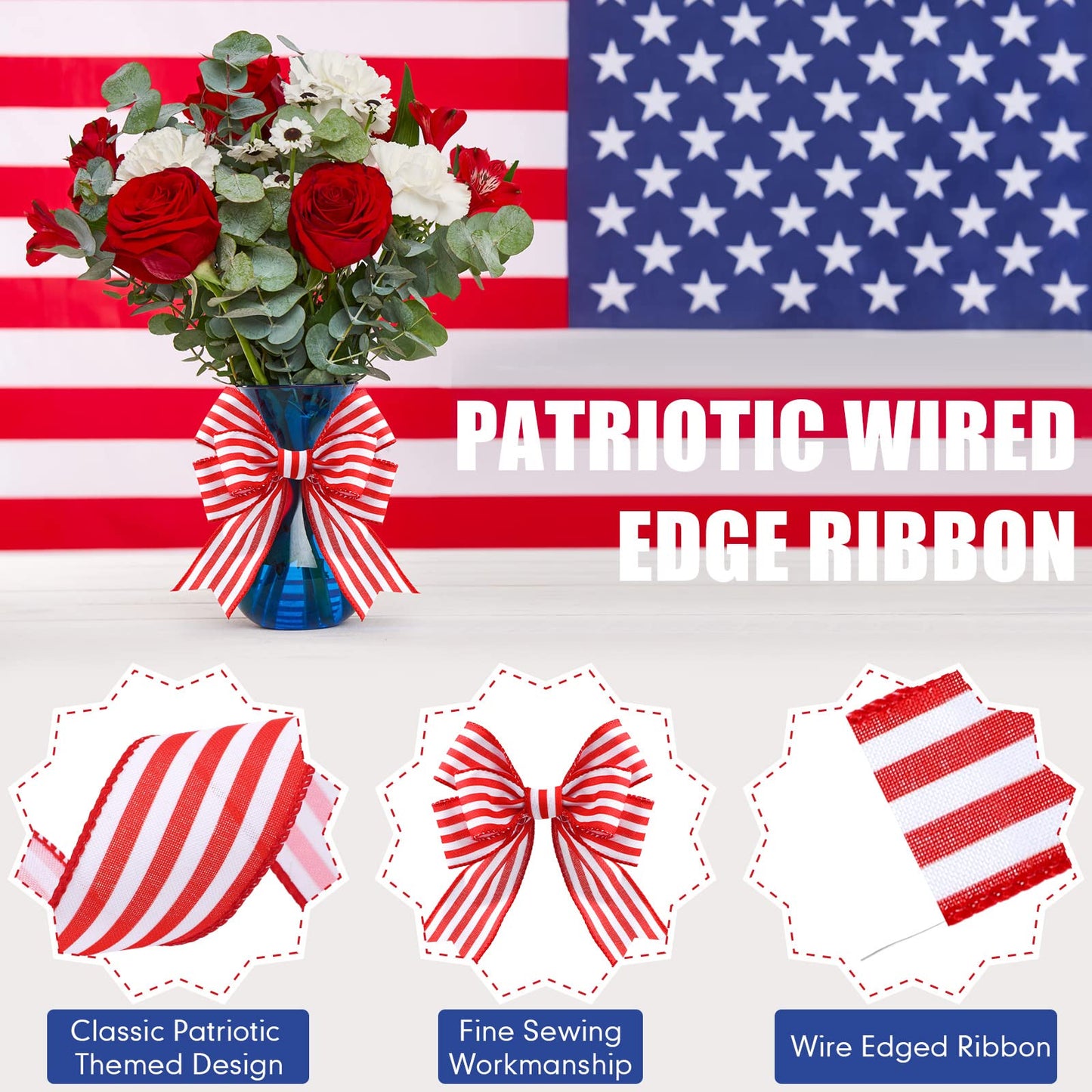 Hoteam 250th Anniversary 2 Rolls 20 Yard Red White and Blue Ribbon Patriotic Star and Striped Wired Royal USA Ribbon DIY Crafts for Xmas Holiday Decor(2 Inch,Red, Beige, White, Blue)