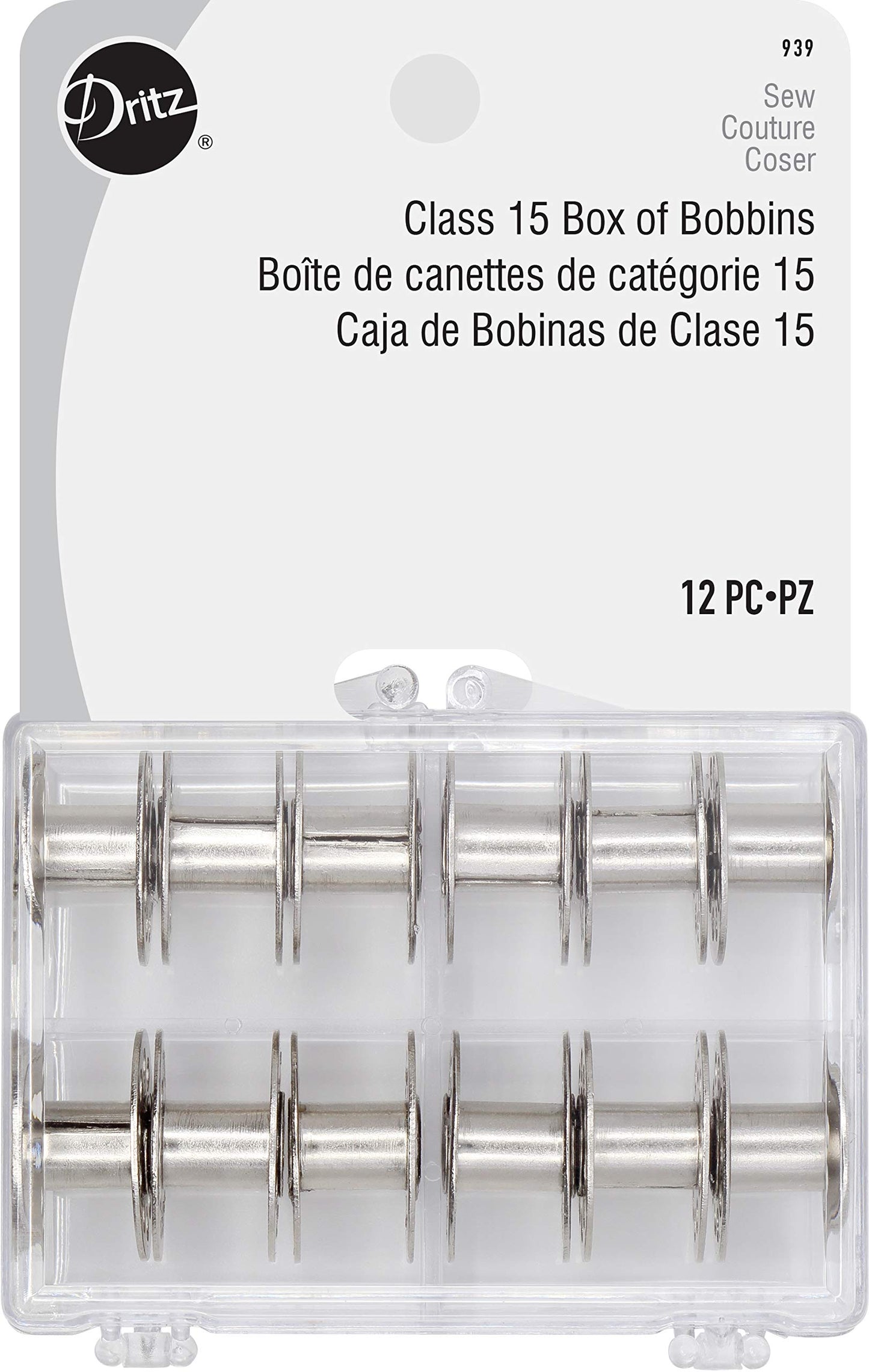 Dritz 939 Bobbins, Class 15, Metal, Includes Reusable Storage Box, (12-Count), Silver