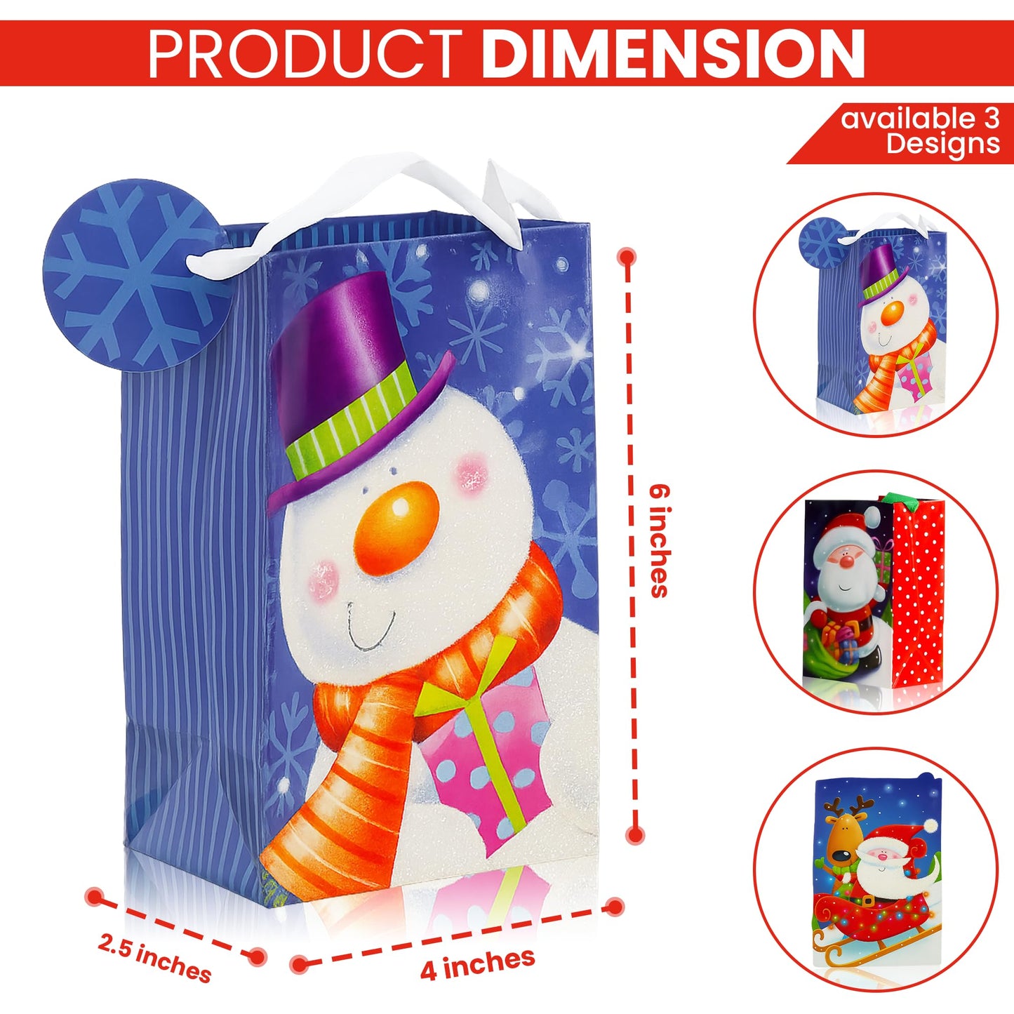 20-Pack Christmas Gift Bags, Small 4x6x2.5-Inch, Snowman Santa Reindeer, Ribbon Handles