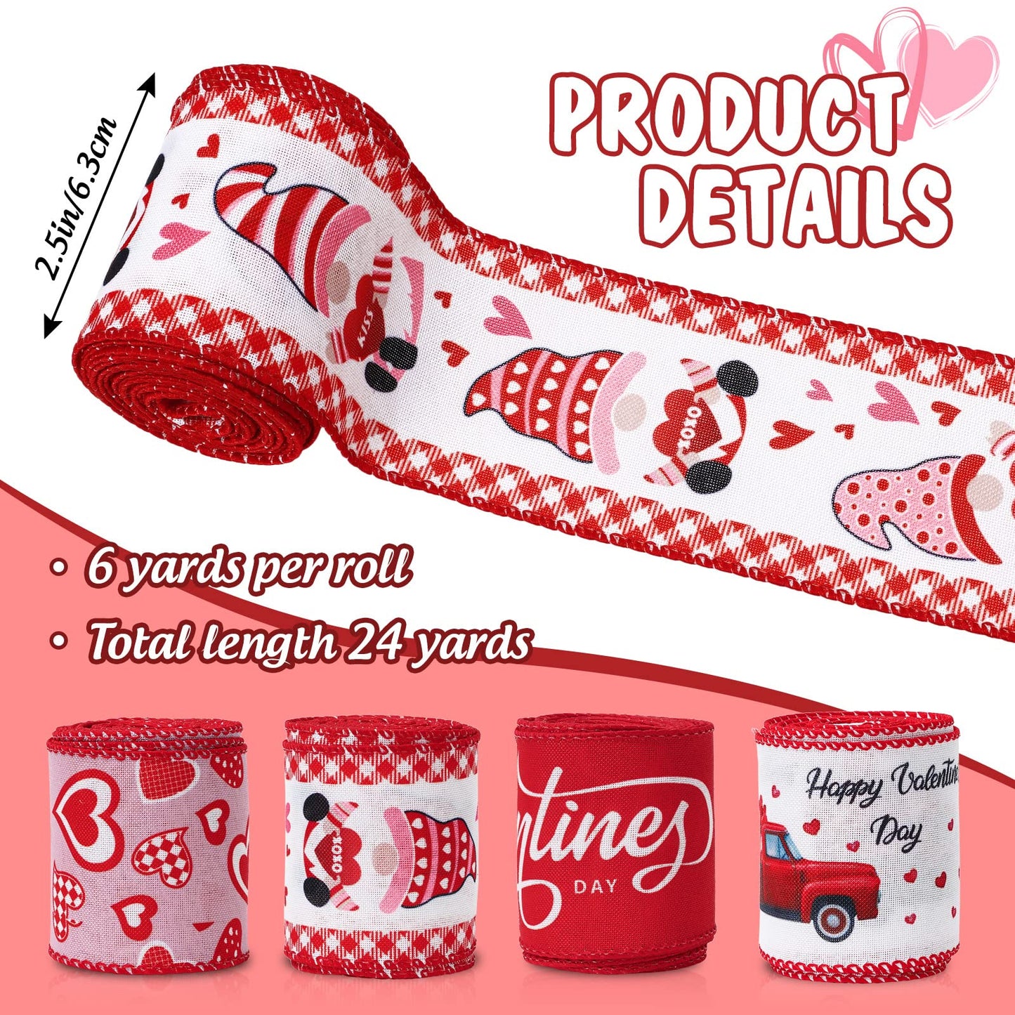 Valentine's Day Wired Edge Ribbon 2.5 Inch Red Pink Heart Love Gnome Truck Fabric Ribbon Sweet Wedding Anniversary Craft Ribbon for Wrapping DIY Bow Wreath Crafts Making, 24 Yards