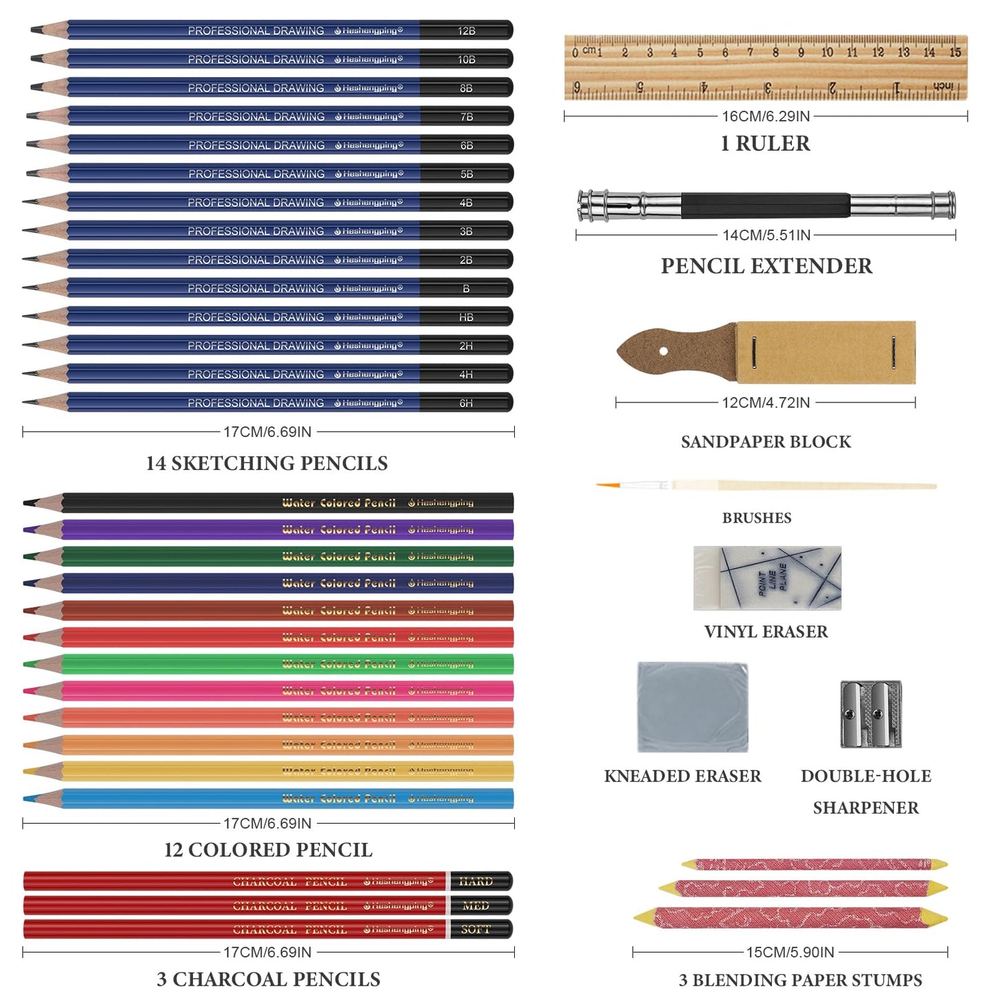 Sketch Drawing Kit Graphite Pencils, Charcoal Pencils, Watercolor Pencils, Colored 40pcs Professional Sketching Pencils, Coloring Pencil Set for Artists Adults Beginners Pro Art Supplies