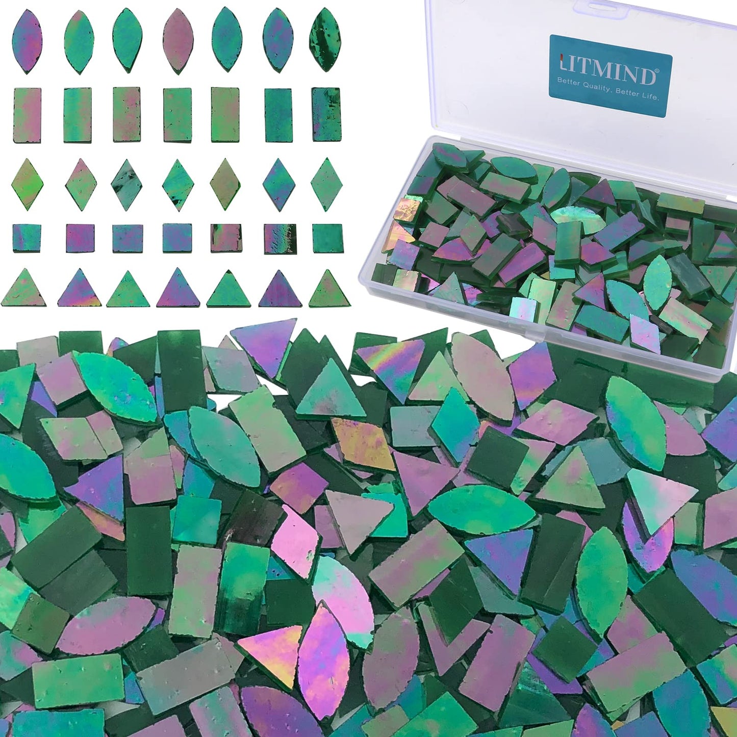 LITMIND Iridescent Glass Mosaic Tiles for Crafts, 240 Pieces 5 Shapes Mixed Green Stained Glass Pieces, Mosaic Kits for Adults (Iridescent Green)