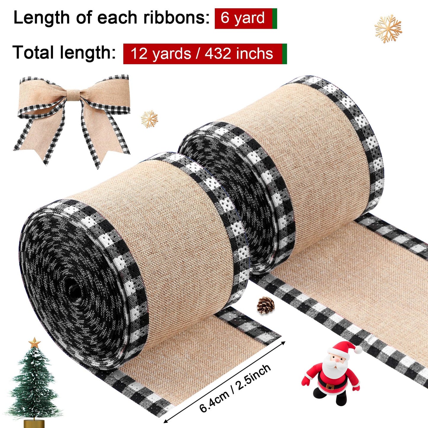 2 Rolls Christmas Buffalo Plaid Wired Edge Ribbons Christmas Tree Burlap Fabric Craft Wrapping Ribbon with Checkered Edge, 216 Inch(2.5 Inch Width,Black and White)